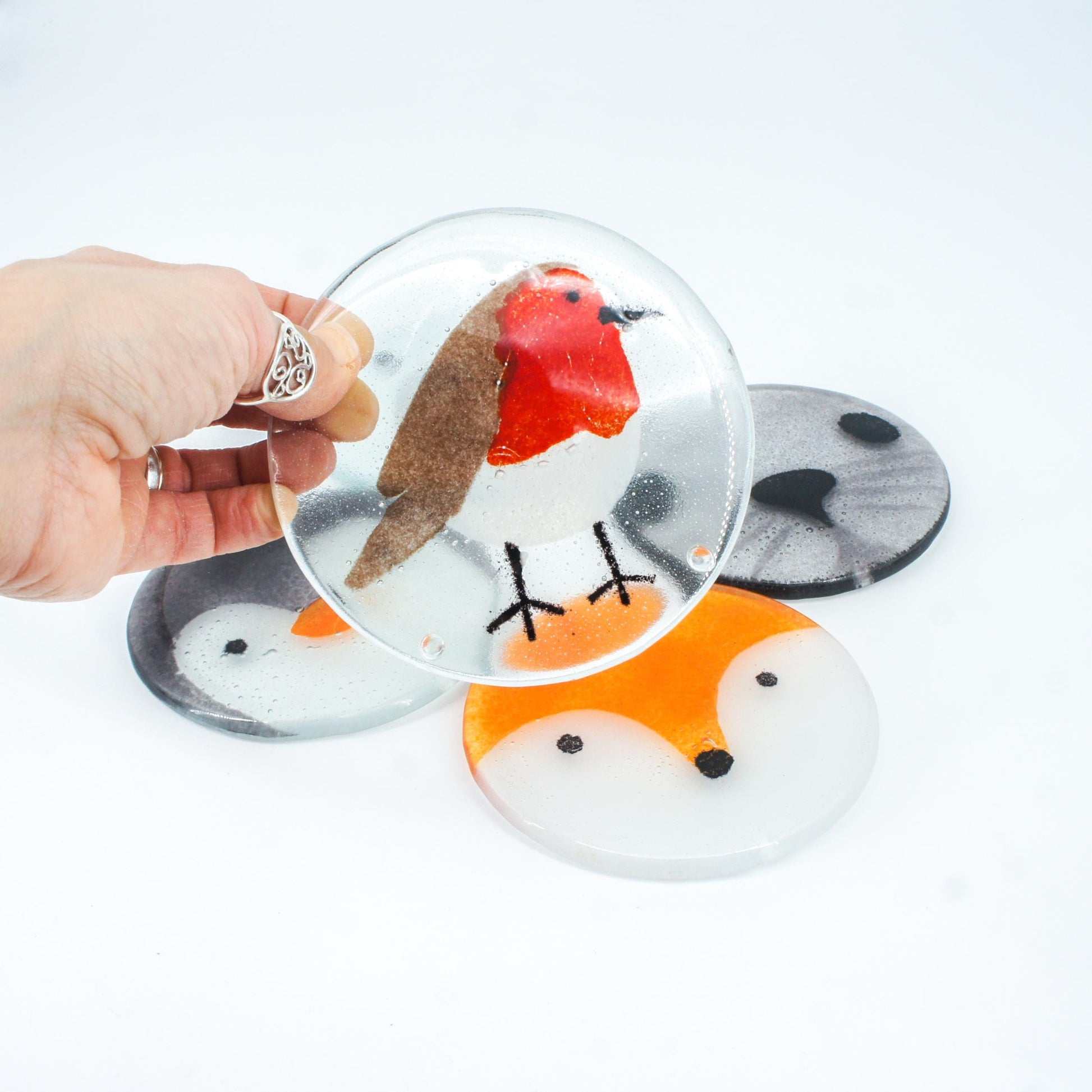 set of 2 animal round fused glass coasters with robin, seal, fox, penguin, polar bear