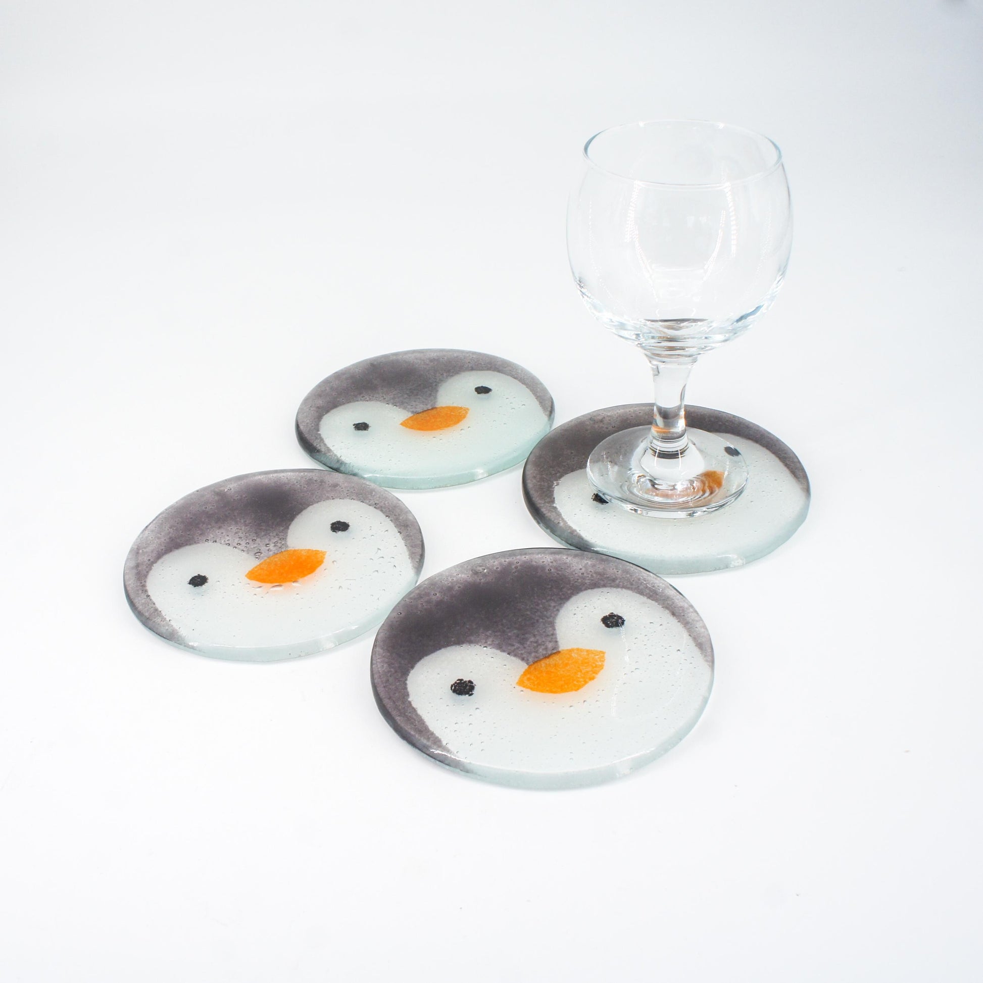 set of 4 animal round fused glass coasters with robin, seal, fox, penguin, polar bear 11cm with bumpers, white ribbon, gift note