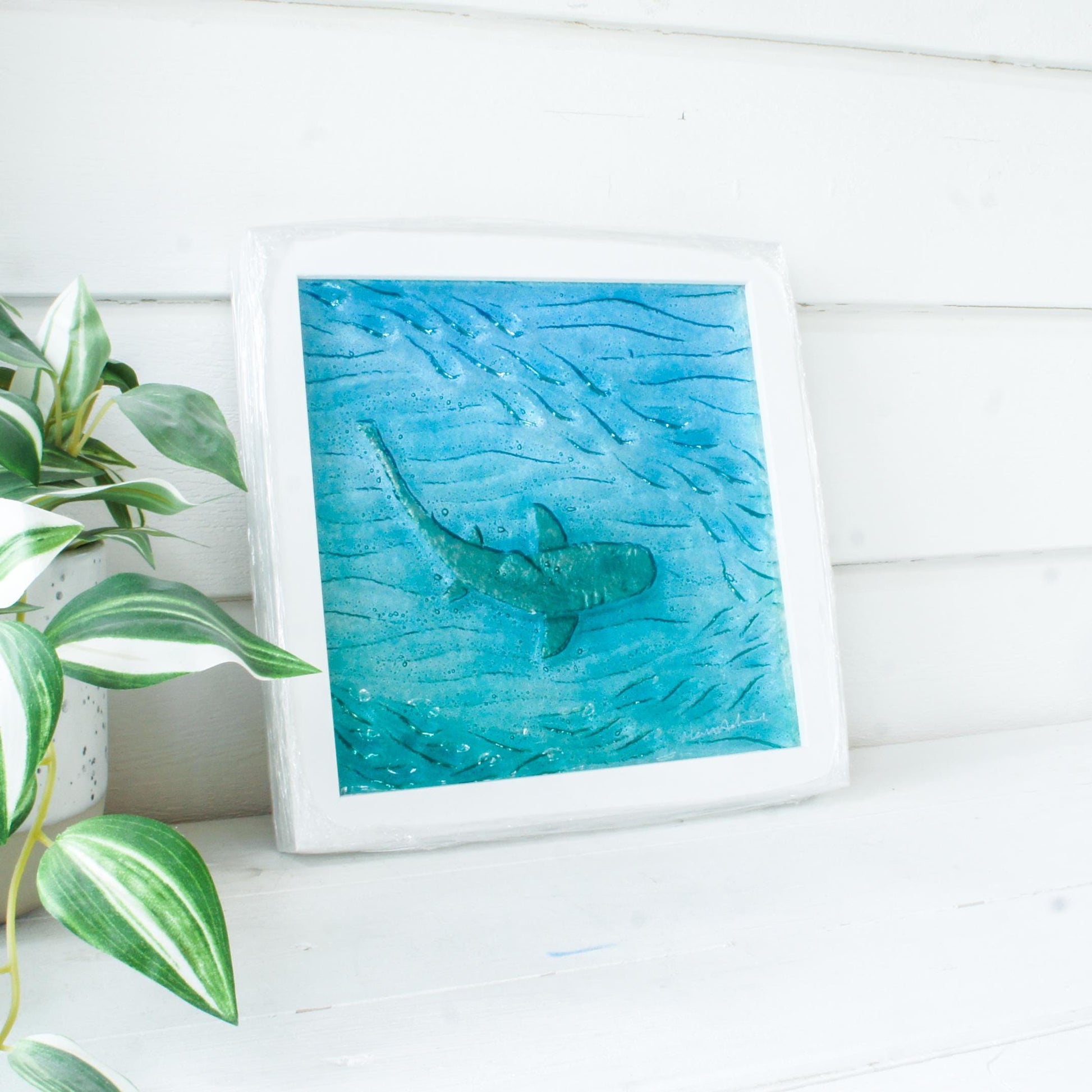 shark wall art frame, silver teal blue fused glass shimmering shark framed square 25cm (10"), shark decor, bathroom picture, sea glass art
