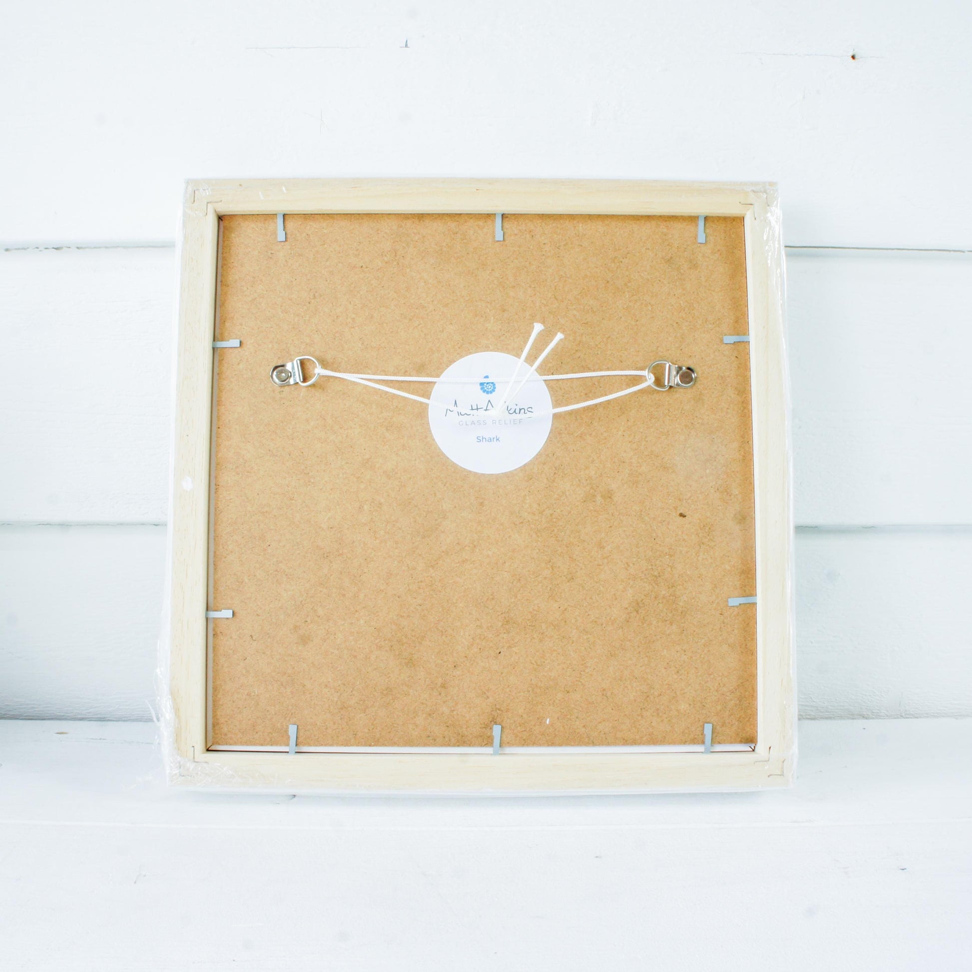 shark wall art frame, silver teal blue fused glass shimmering shark framed square 25cm (10"), shark decor, bathroom picture, sea glass art