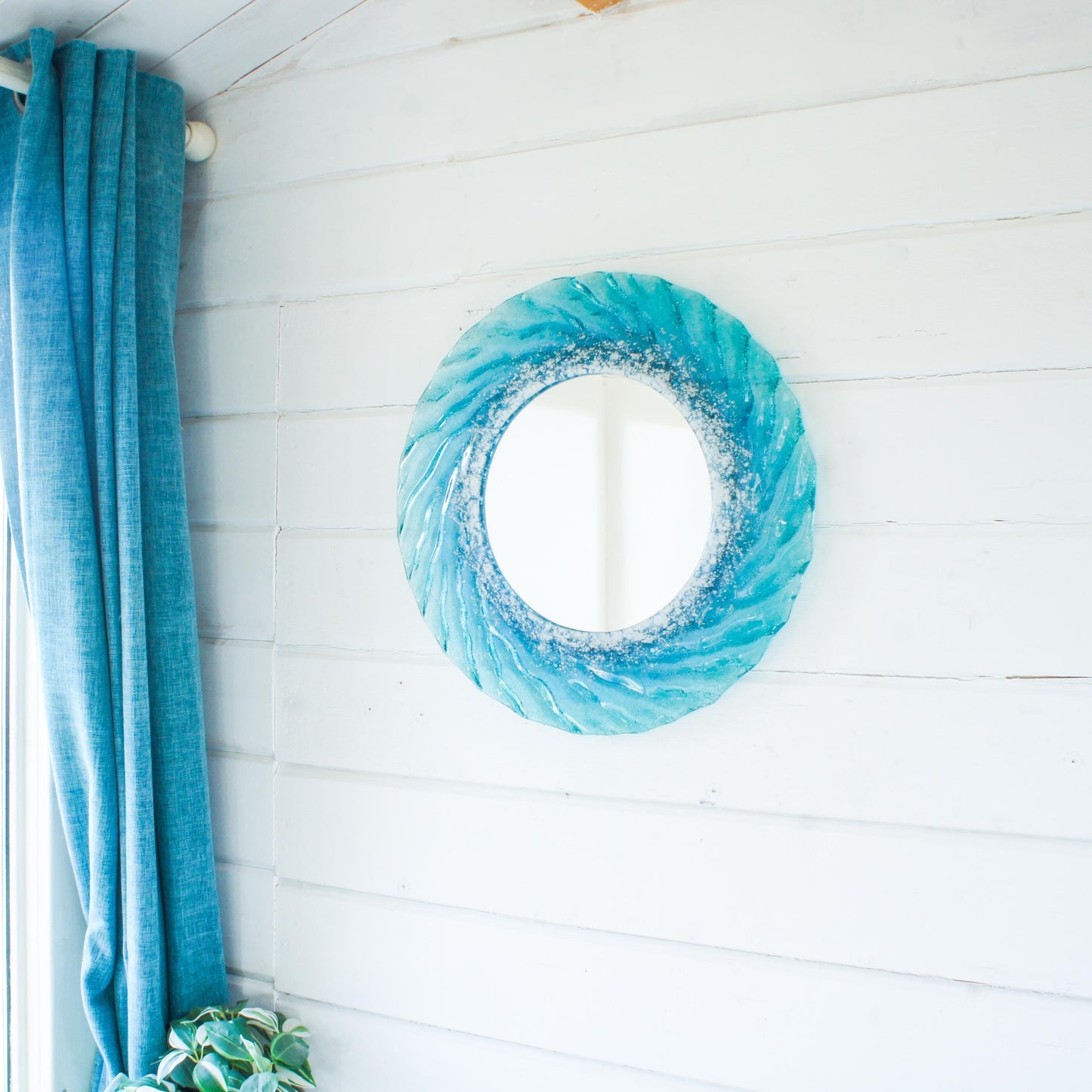 turquoise blue white round wall fused glass decorative mirror, bathroom mirror with attachments, 44cm