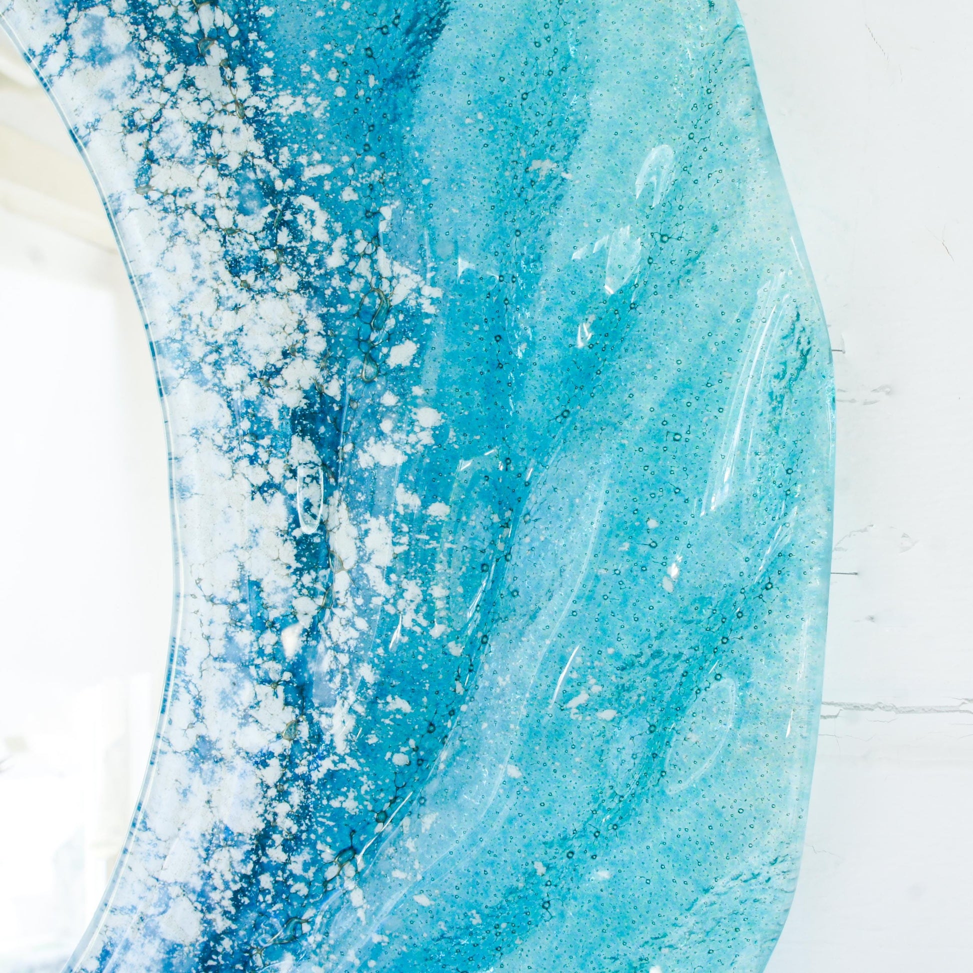turquoise blue white round wall fused glass decorative mirror, bathroom mirror with attachments, 44cm