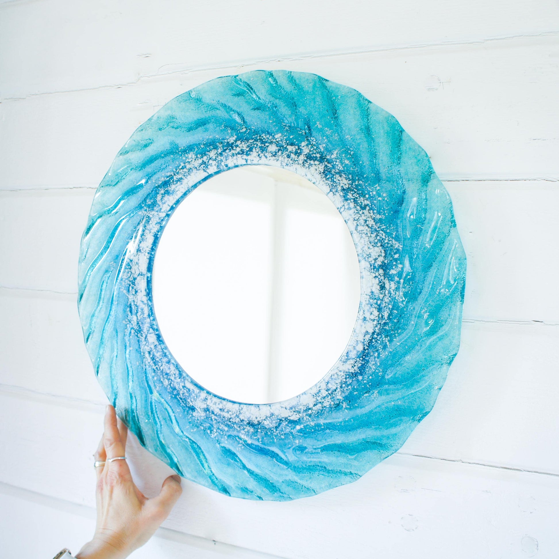 turquoise blue white round wall fused glass decorative mirror, bathroom mirror with attachments, 44cm