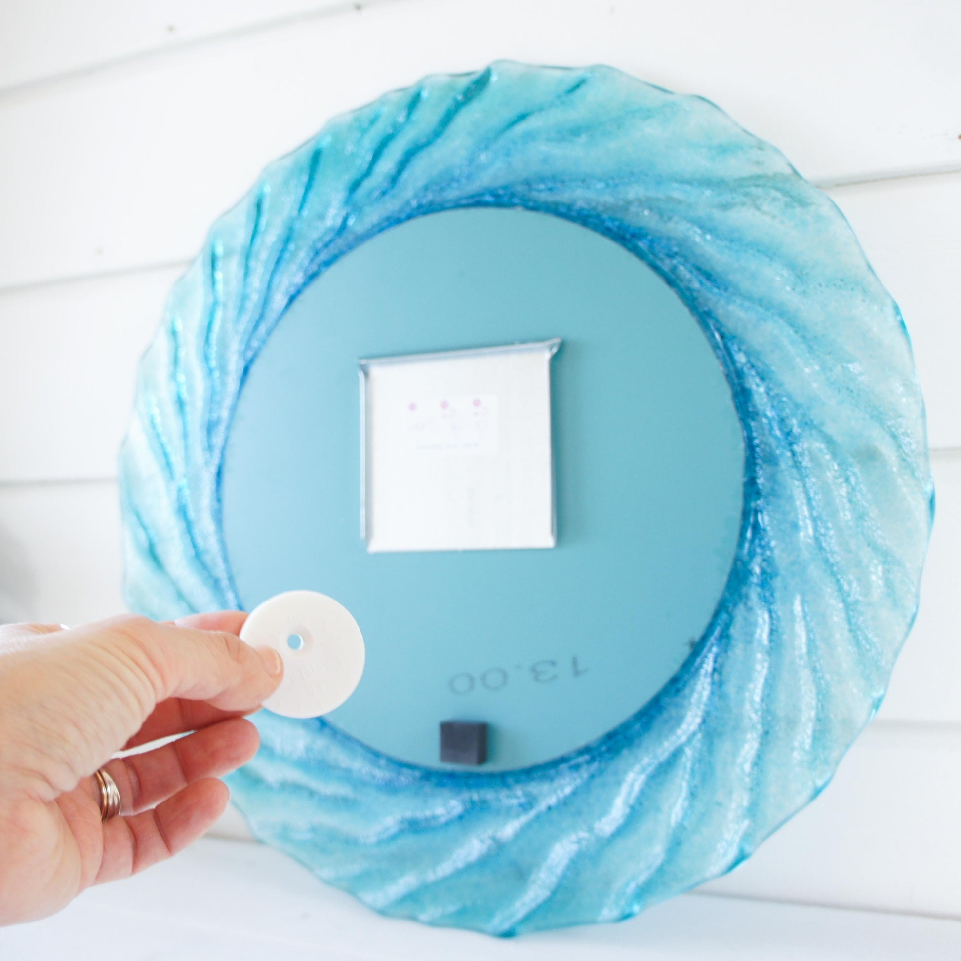 turquoise blue white round wall fused glass decorative mirror, bathroom mirror with attachments, 44cm
