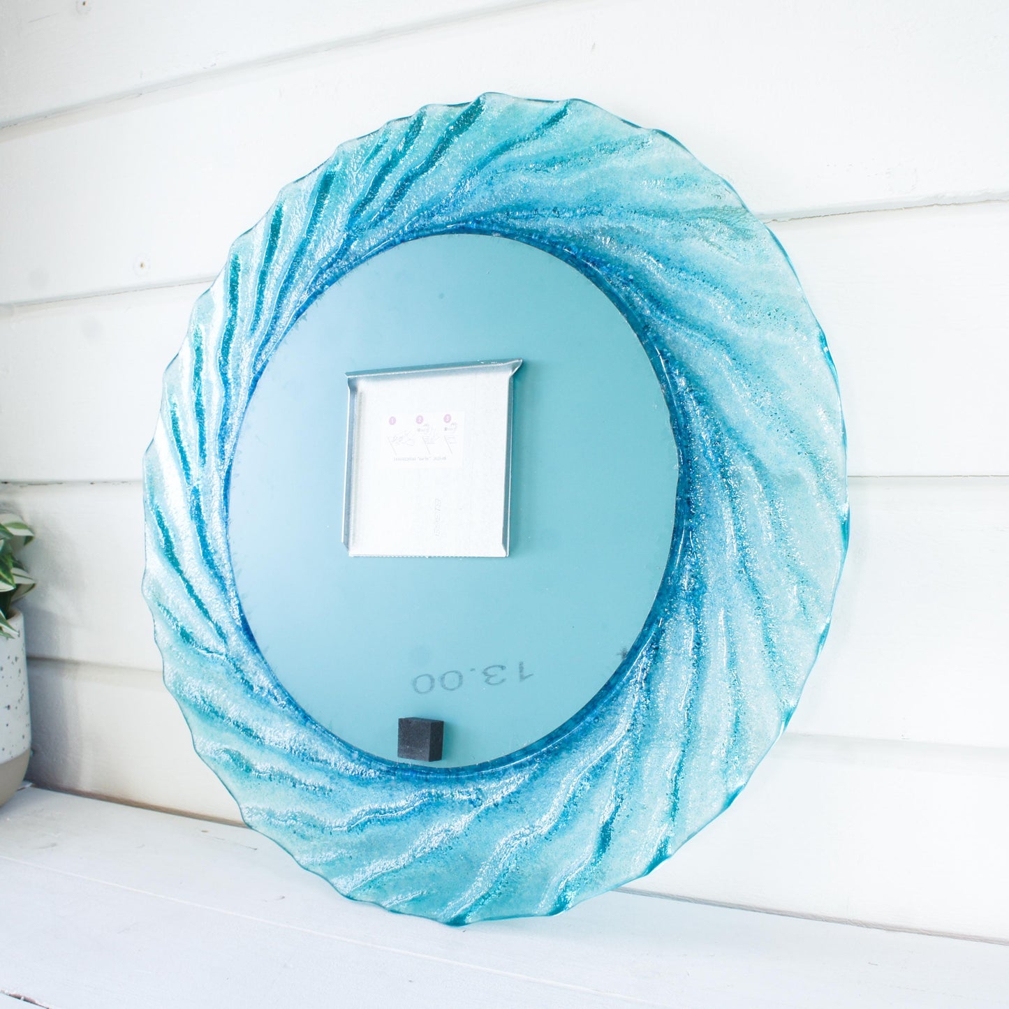 turquoise blue white round wall fused glass decorative mirror, bathroom mirror with attachments, 44cm