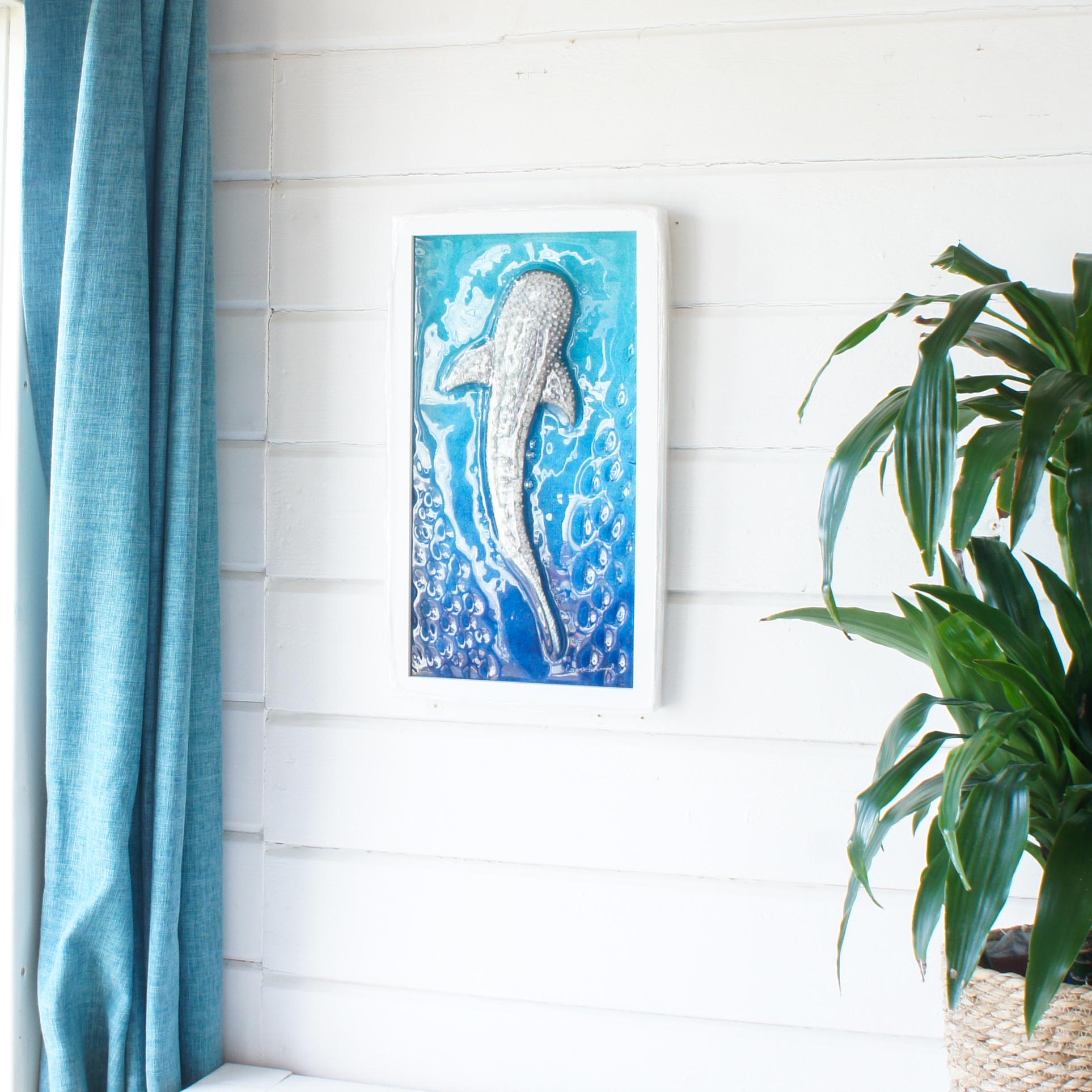 silver with dots whale shark fused glass turquoise deep blue portrait picture frame