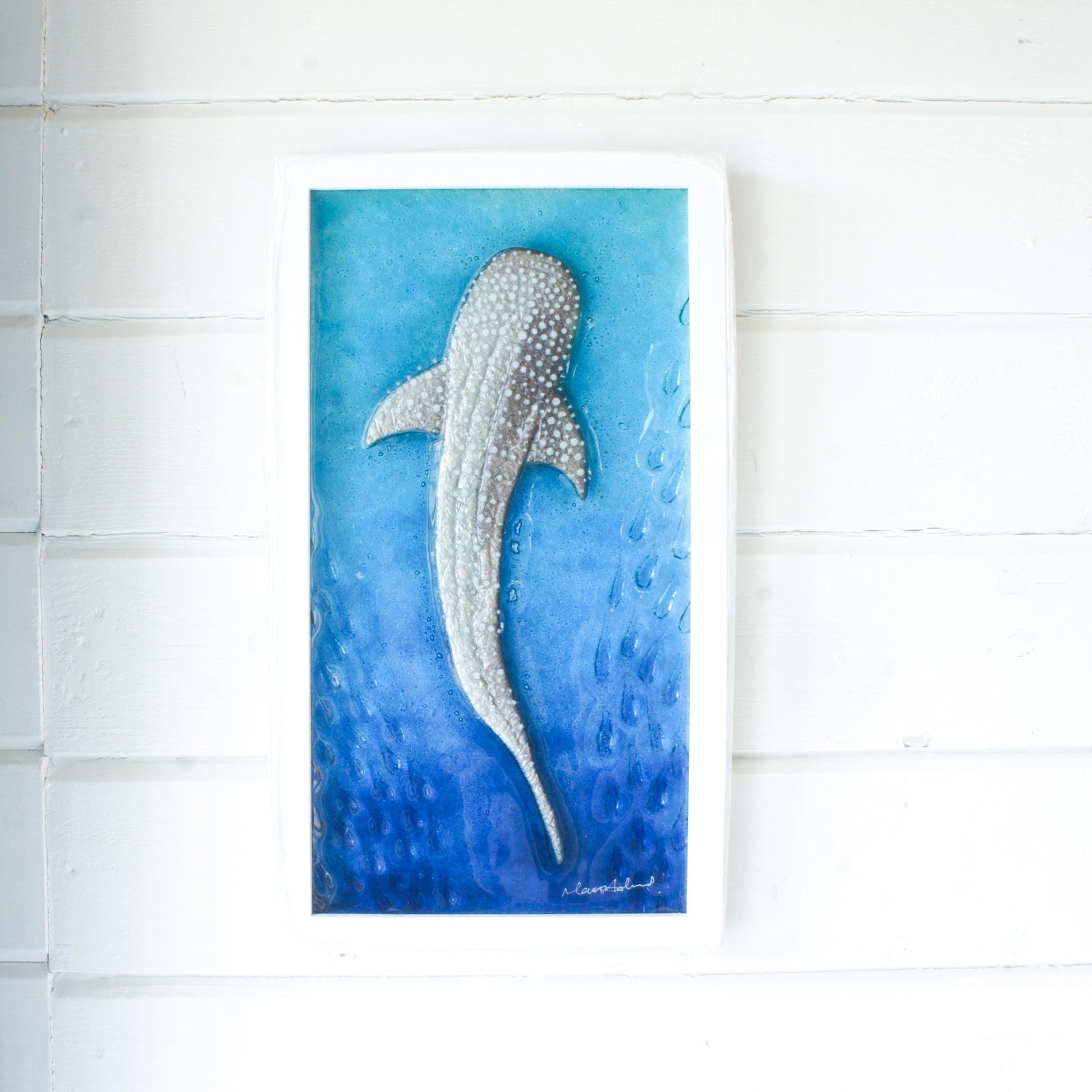 silver with dots whale shark fused glass turquoise deep blue portrait picture frame