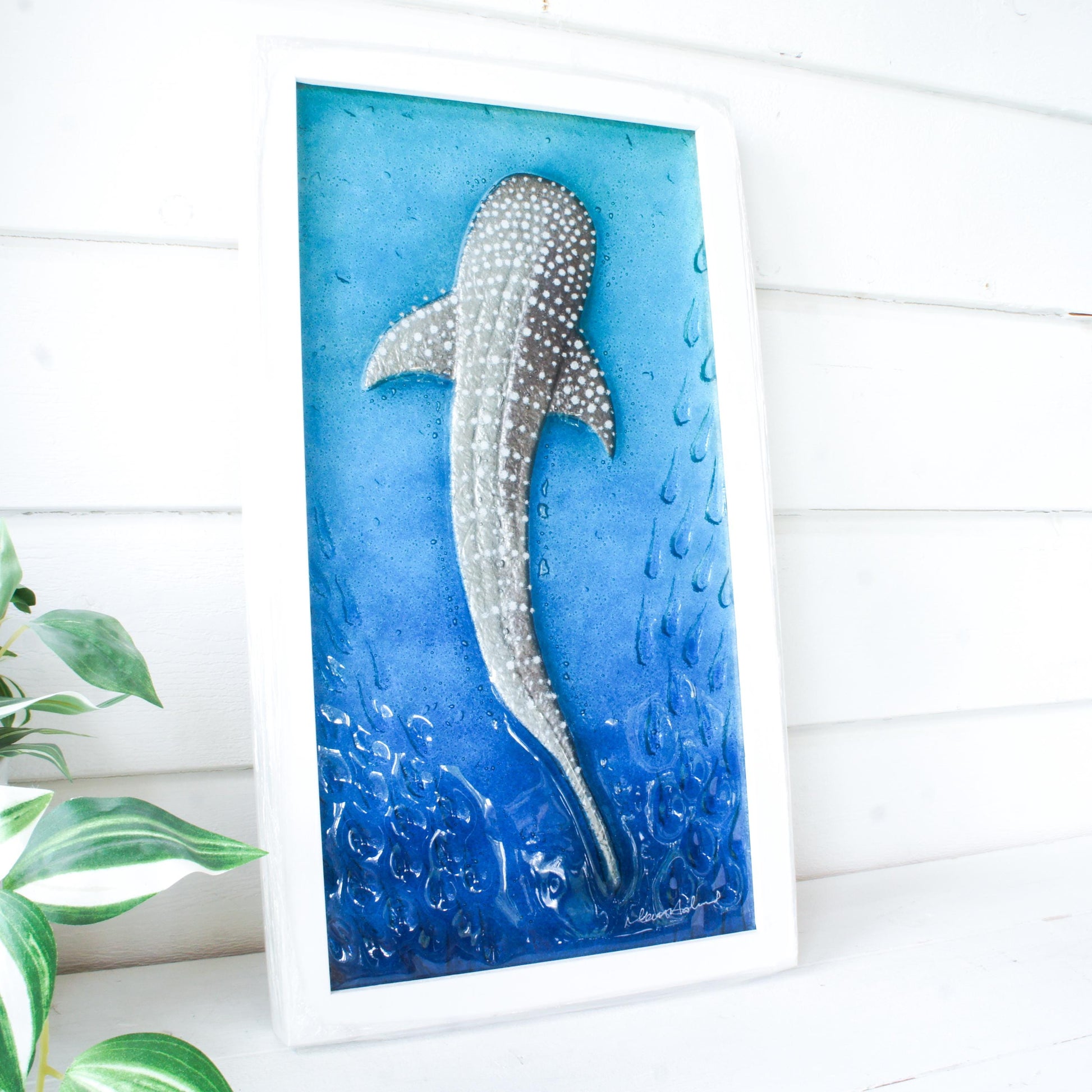 whale shark fused glass turquoise blue portrait picture frame