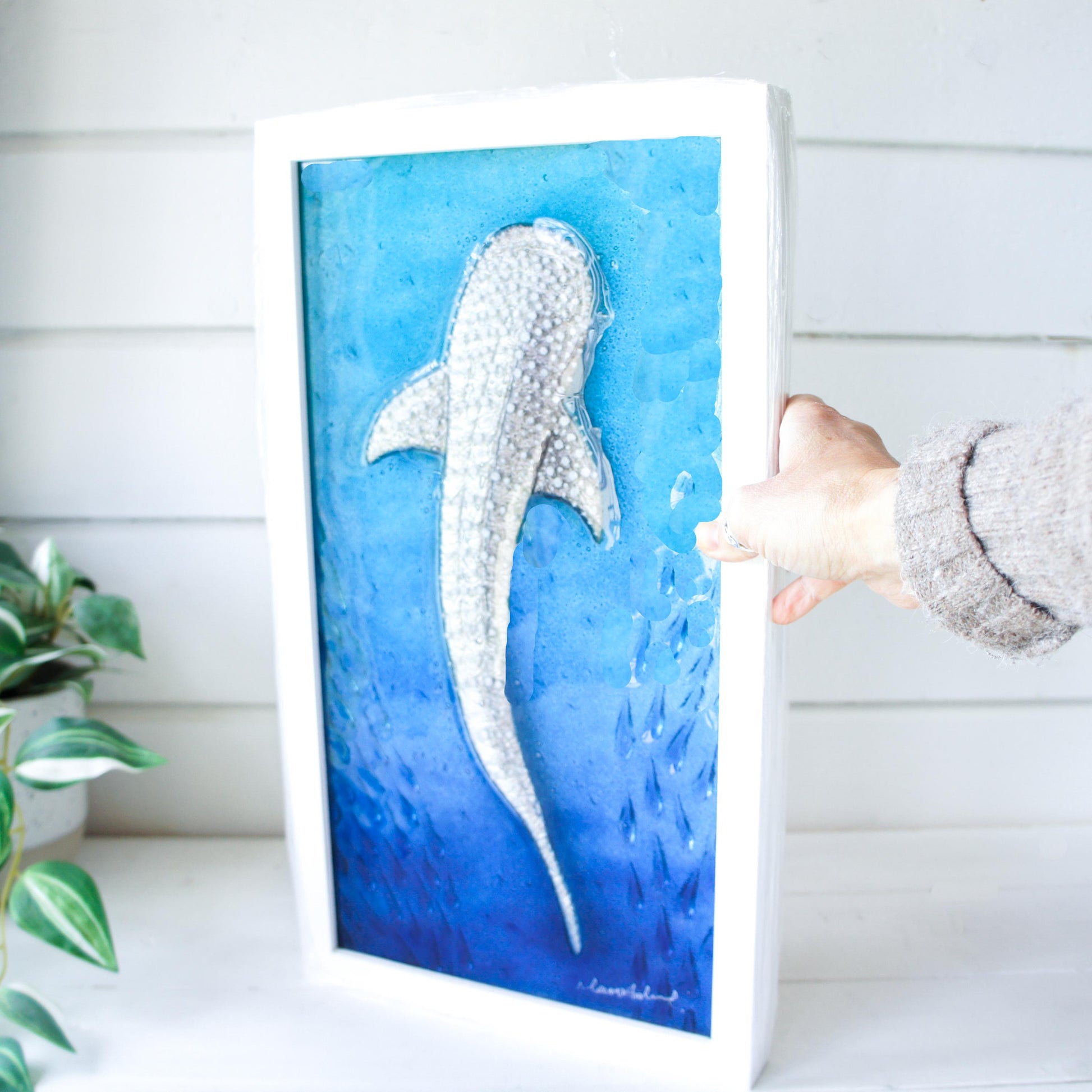 silver with dots whale shark fused glass turquoise deep blue portrait picture frame