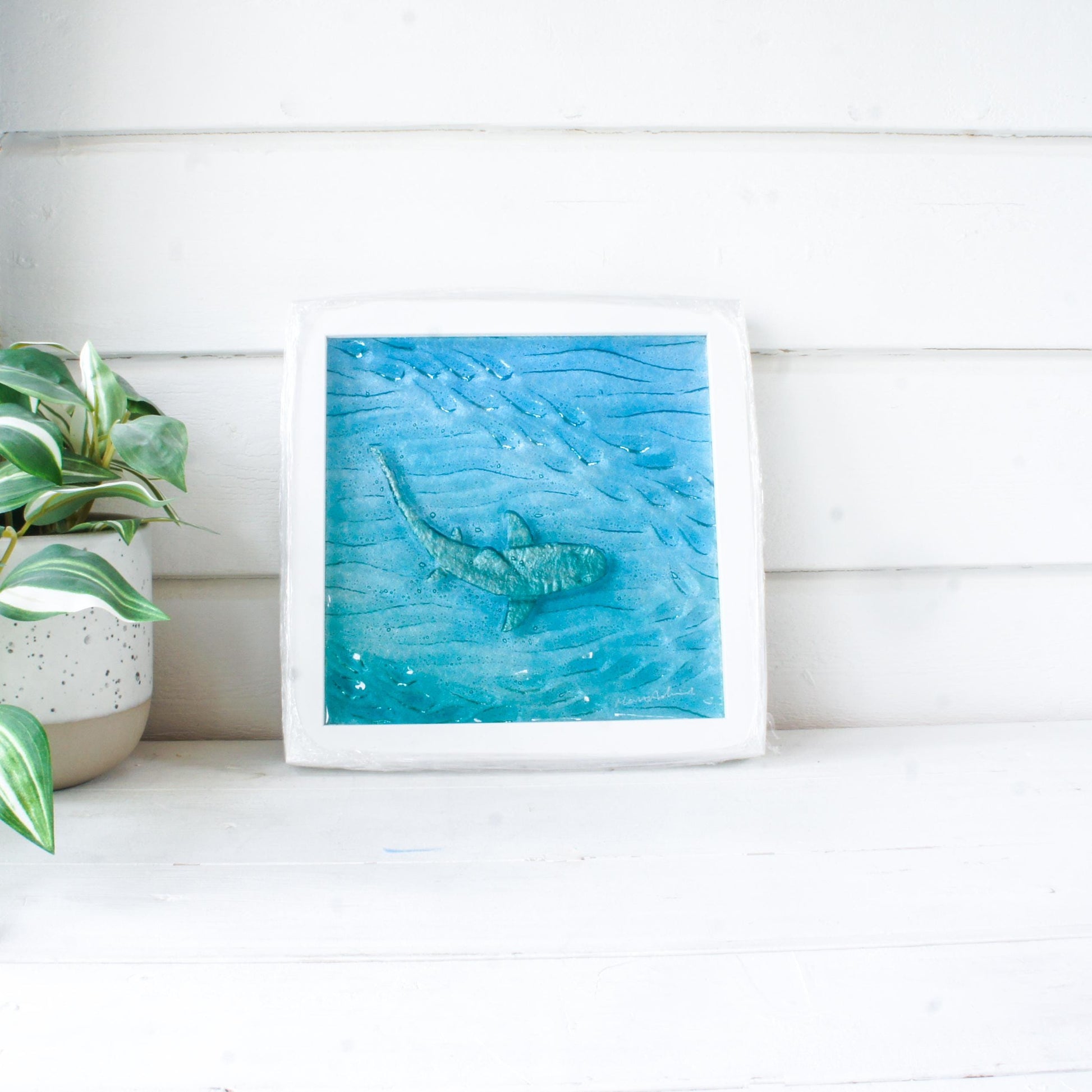 shark wall art frame, silver teal blue fused glass shimmering shark framed square 25cm (10"), shark decor, bathroom picture, sea glass art