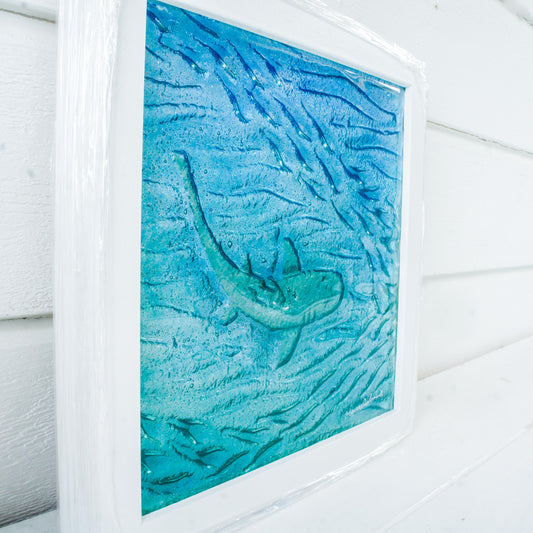 silver shimmering shark swimming in turquoise blue water with shoal of fish in textured fused glass in a white wooden frame 25x25cm (10")