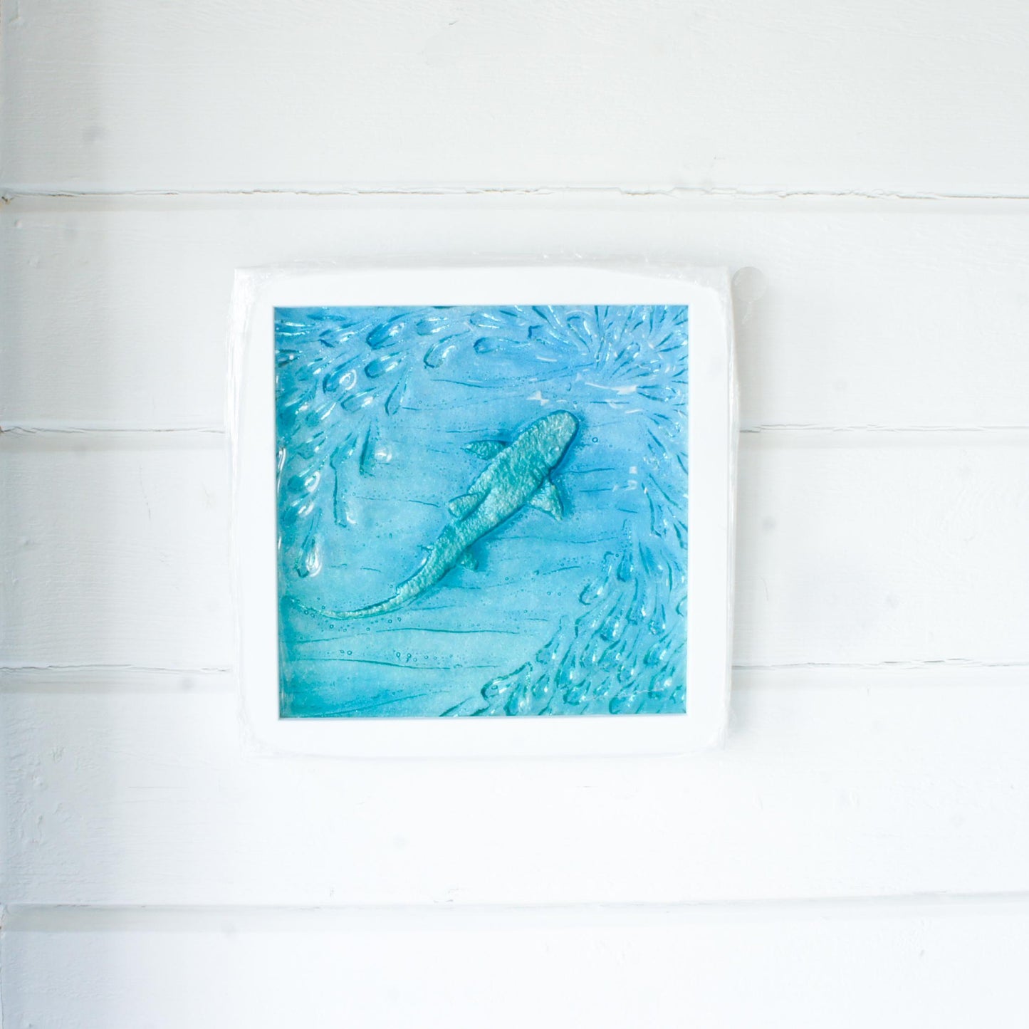 textured art with silver shimmering shark, nautical art, shark wall art, fish wall art