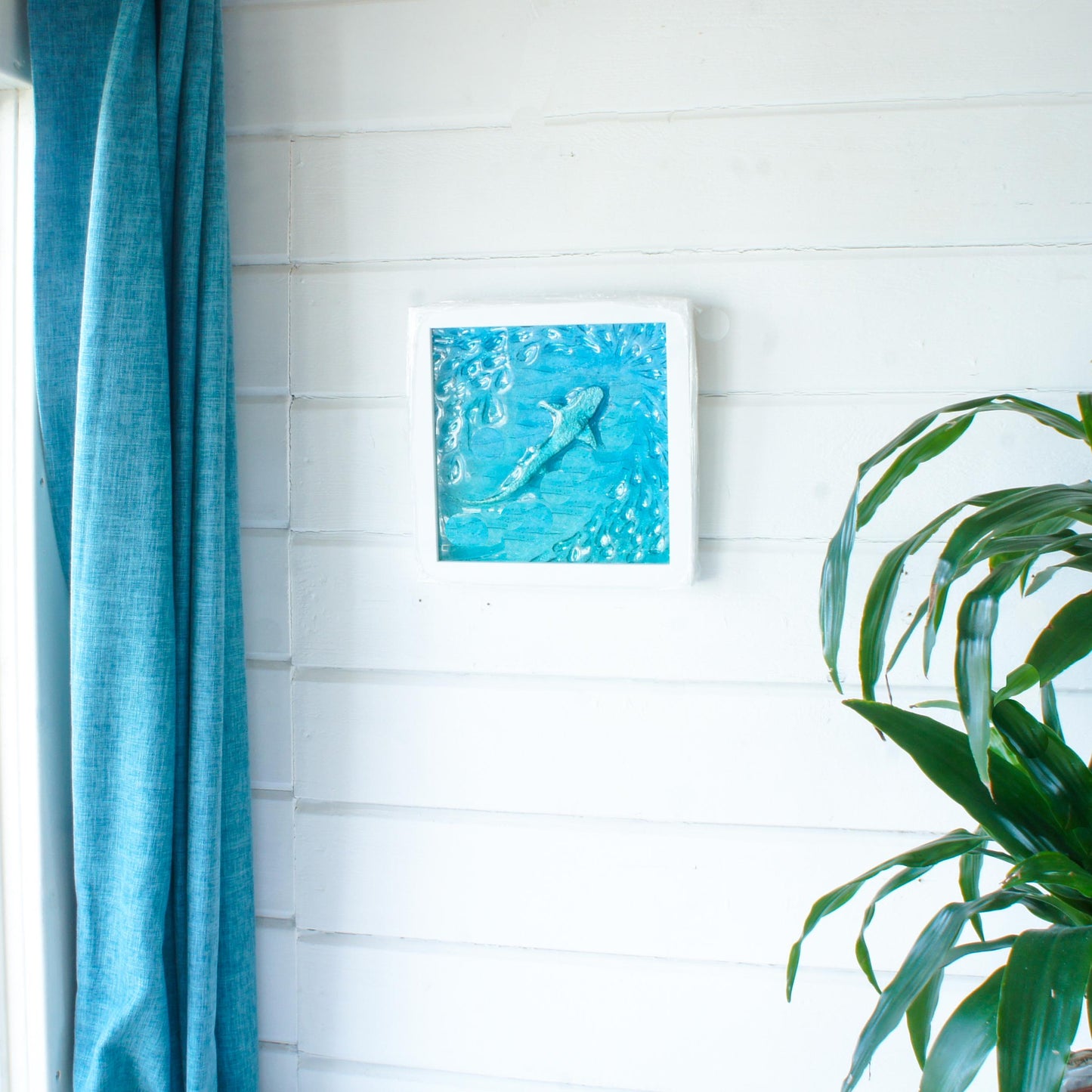 textured art with silver shimmering shark, nautical art in situe near window, shark wall art, fish fused glass