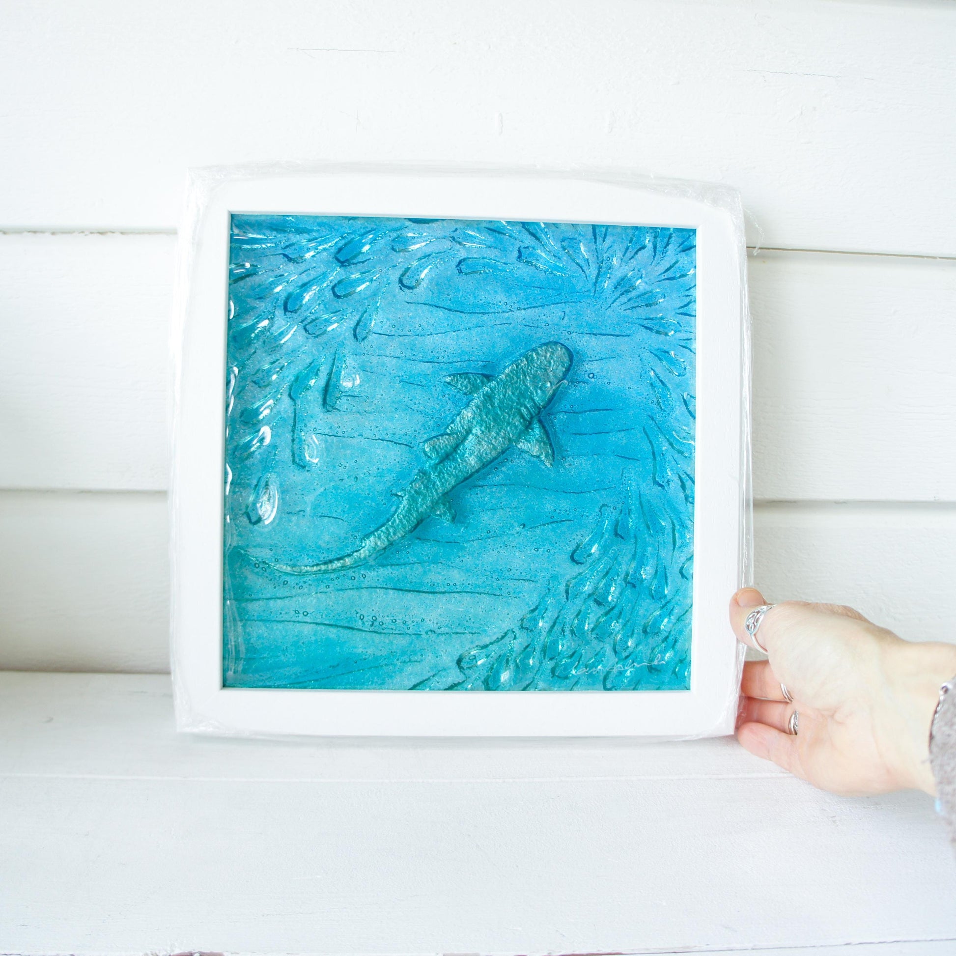 textured art with silver shimmering shark, fused glass shoal of fish, boy nursery decor