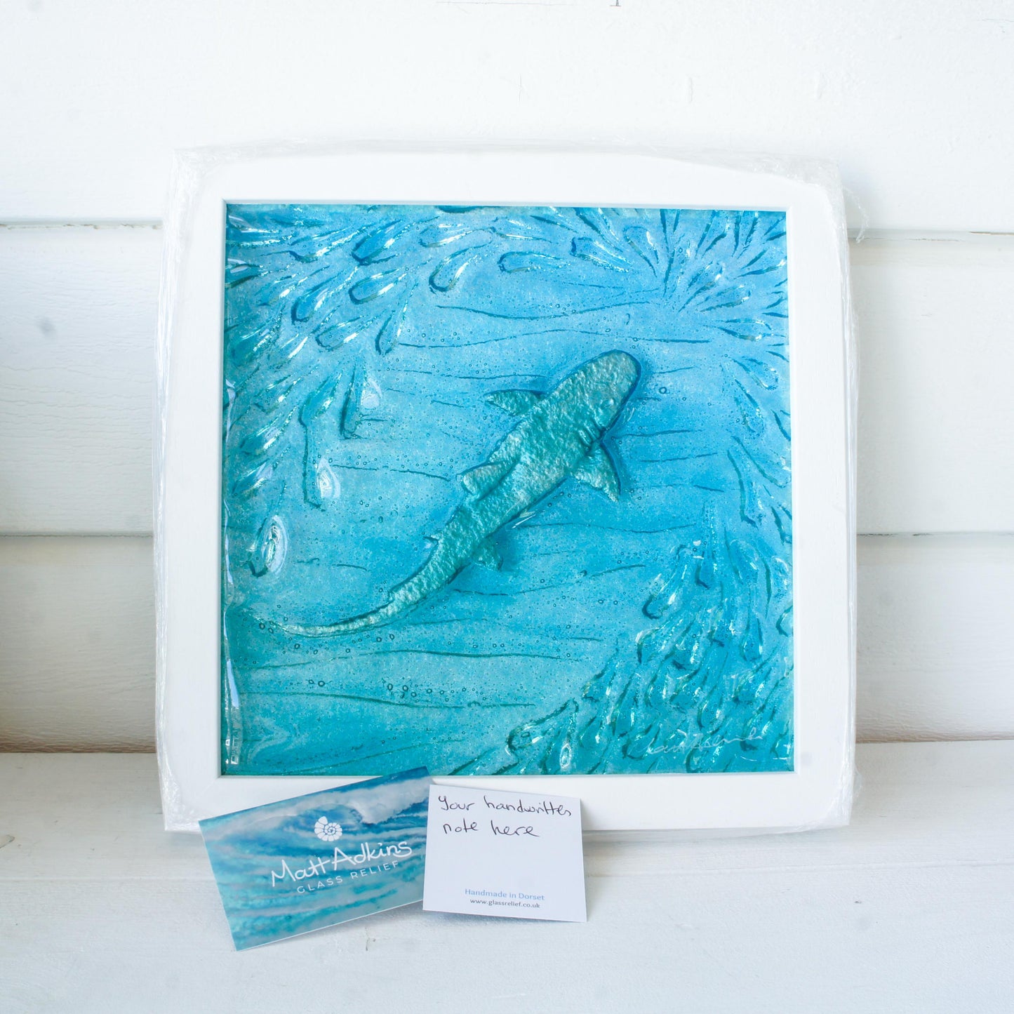 special handmade gift for coastal home, shark swimming in sea with shoal of fish with gift card handwritten note