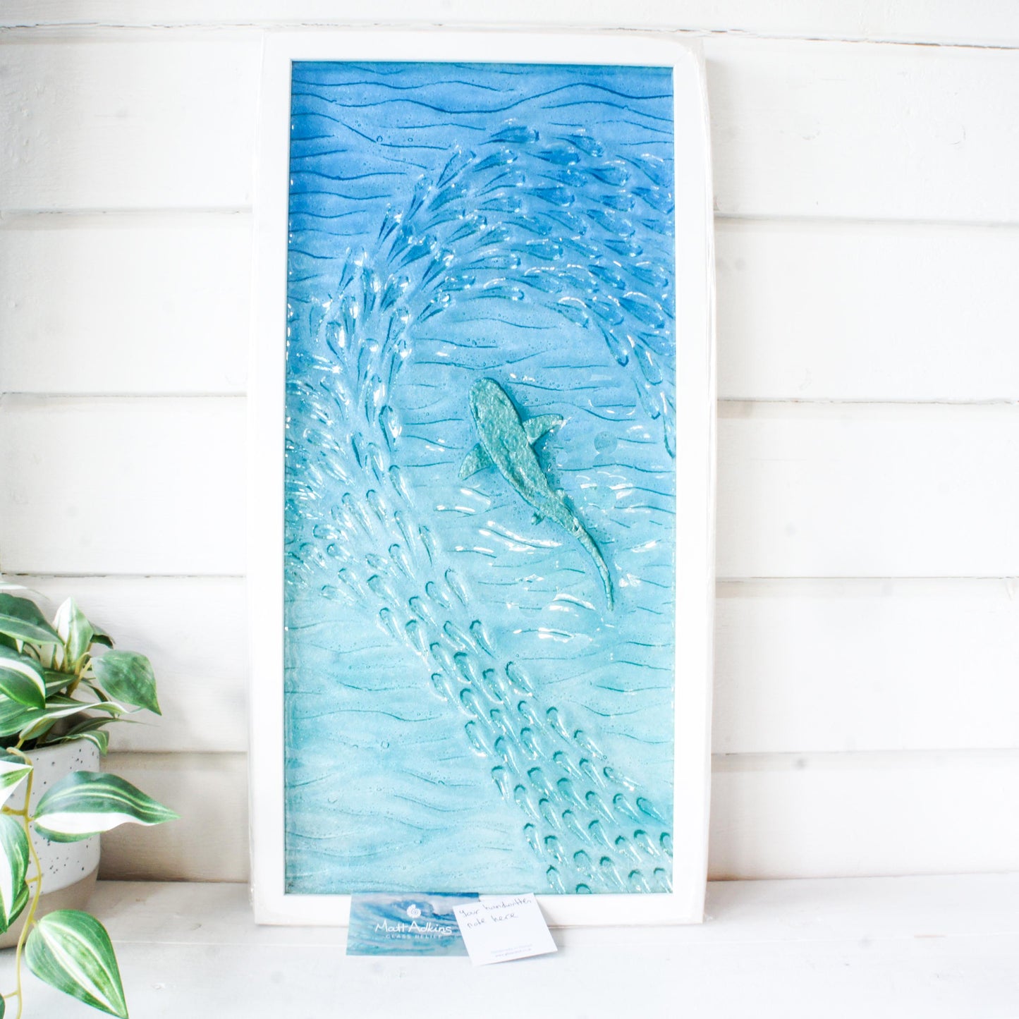 portrait silver shark frame fused glass large wall art shoal of fish in blue turquoise sea with gift note