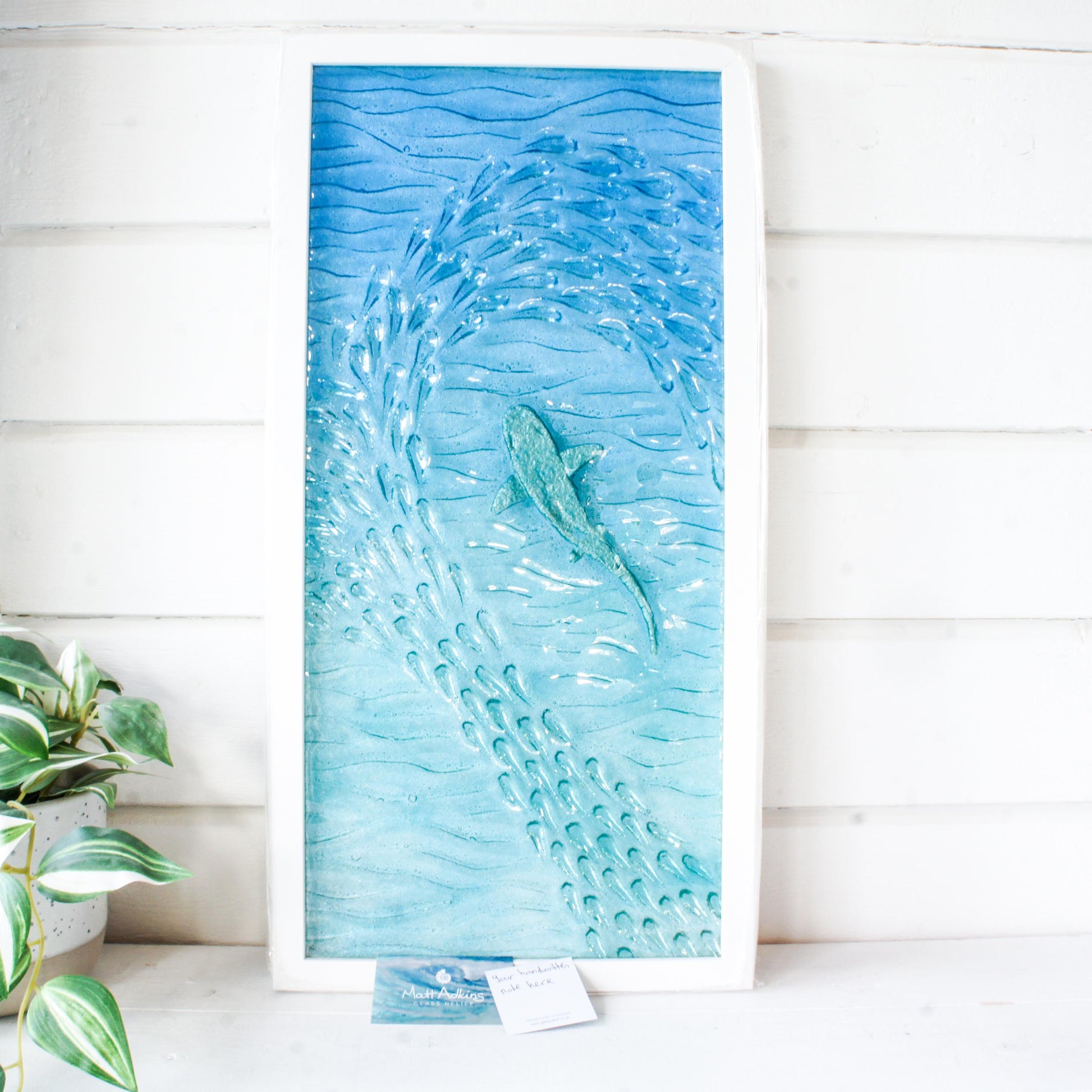portrait silver shark frame fused glass large wall art shoal of fish in blue turquoise sea with gift note