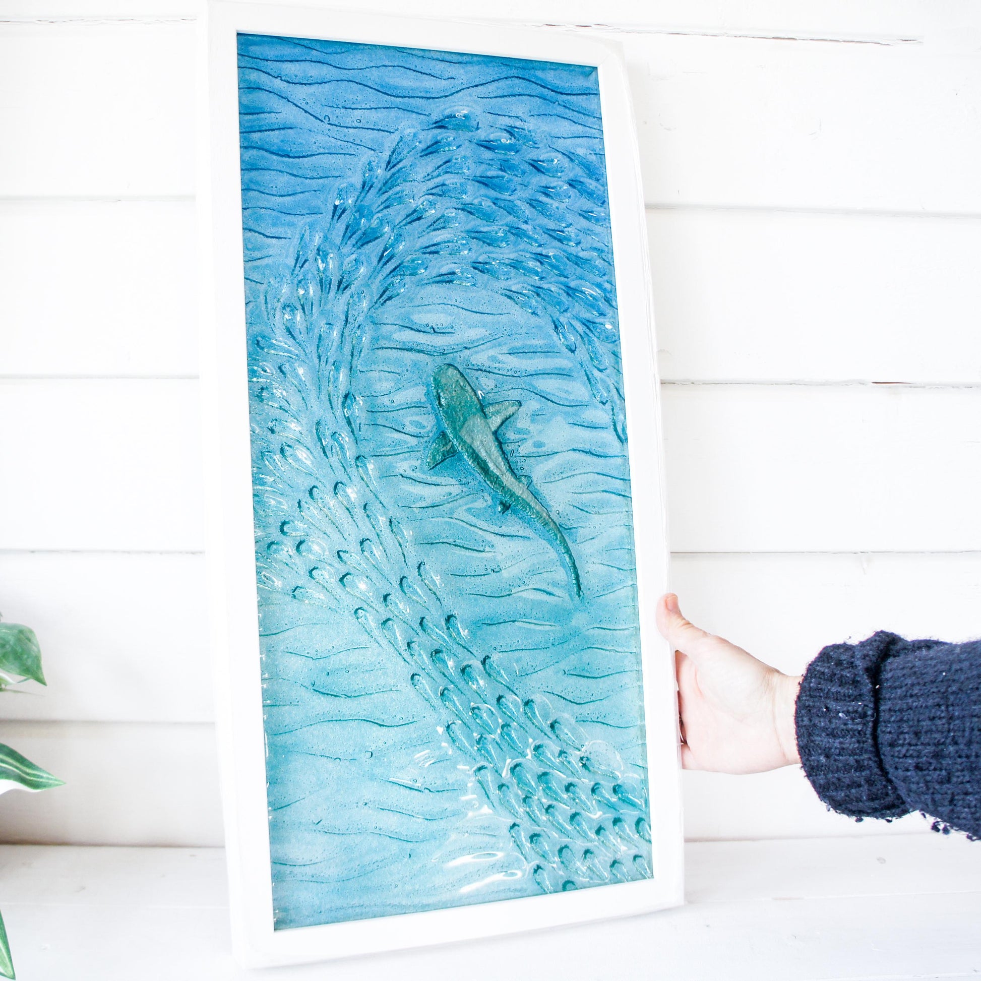 portrait silver shark white wooden frame fused glass large wall art shoal of fish in blue turquoise sea