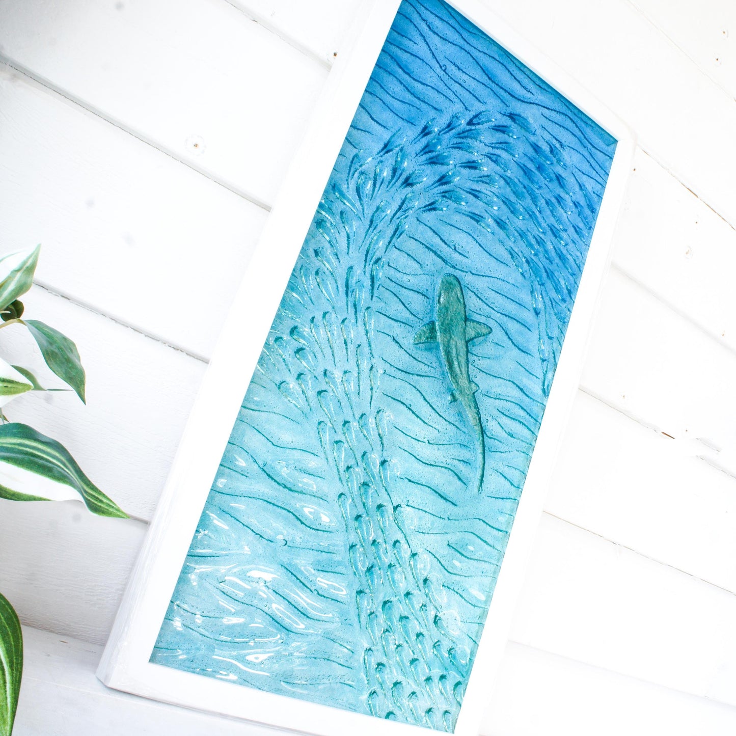 shark fused glass portrait frame in teal ocean with shoal of fish, large textured wall art for coastal home 30x60cm (12x23")