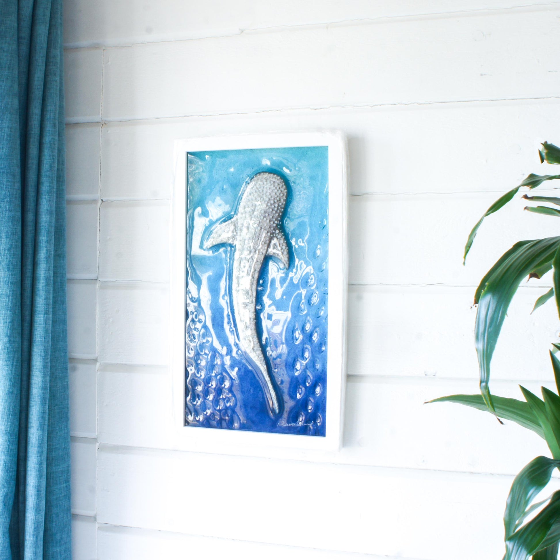 silver with dots whale shark fused glass turquoise deep blue portrait picture frame in situe