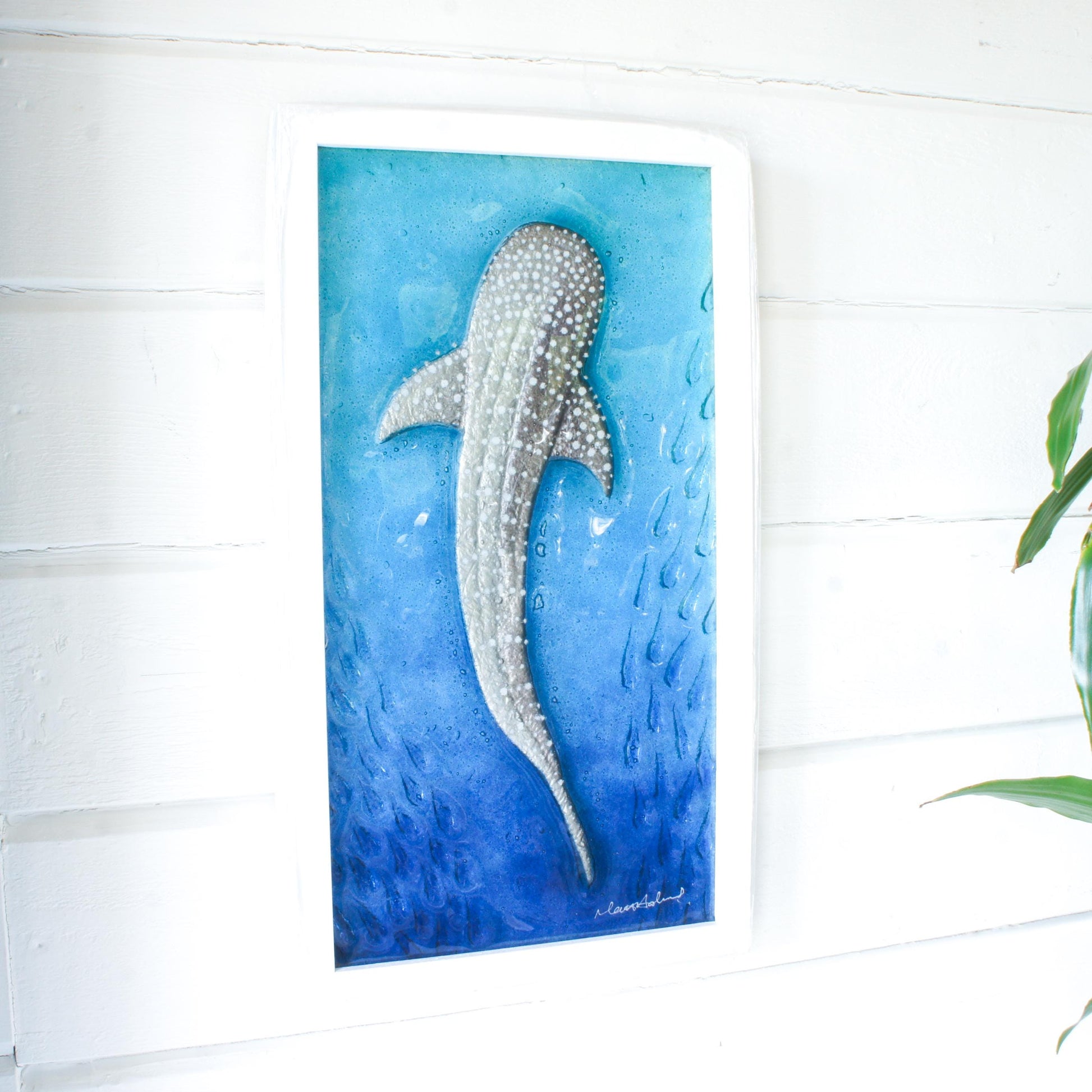 silver with dots whale shark fused glass turquoise deep blue portrait picture frame