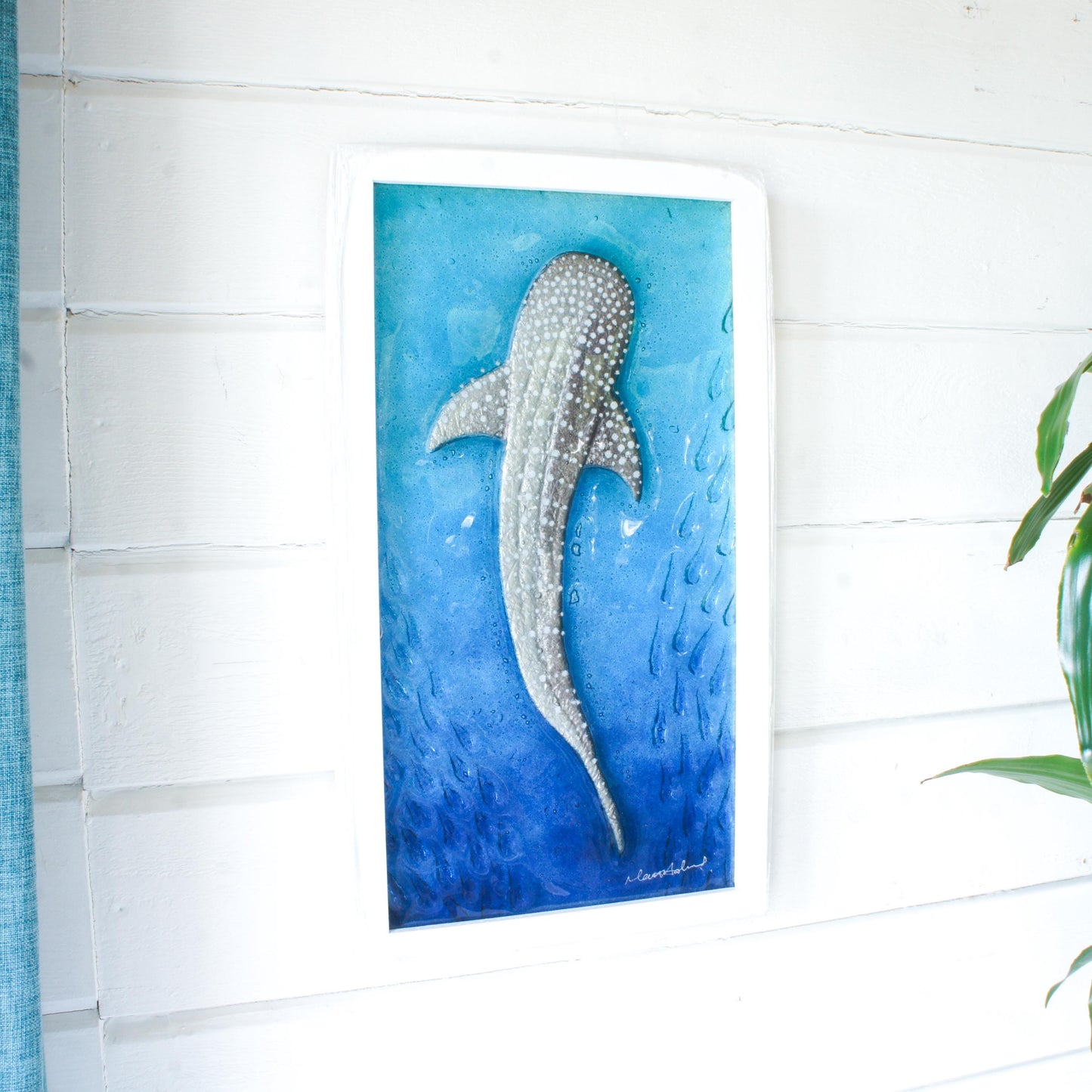 silver with dots whale shark fused glass turquoise deep blue portrait picture frame