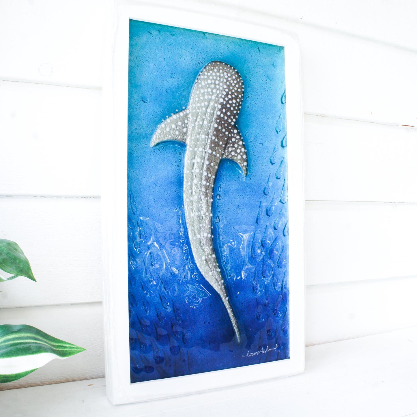 silver with dots whale shark fused glass turquoise deep blue portrait picture frame