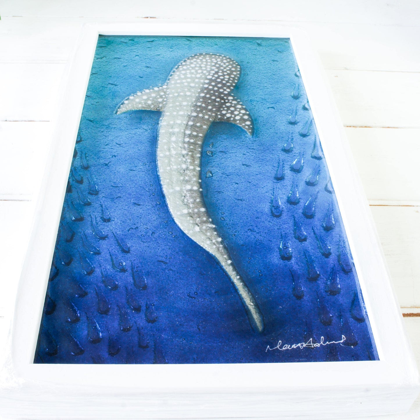 silver with dots whale shark fused glass turquoise deep blue portrait picture frame