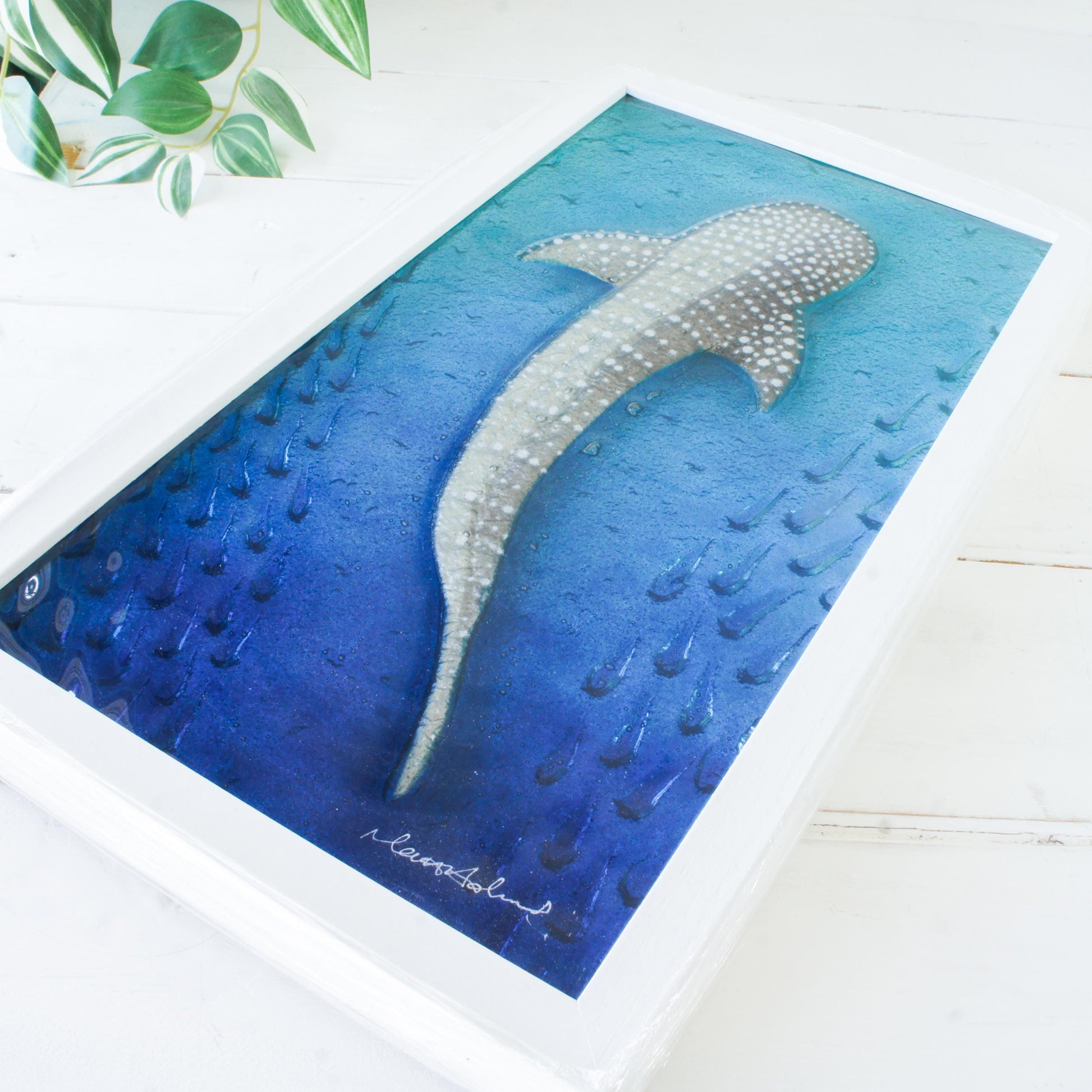 silver with dots whale shark fused glass turquoise deep blue portrait picture frame