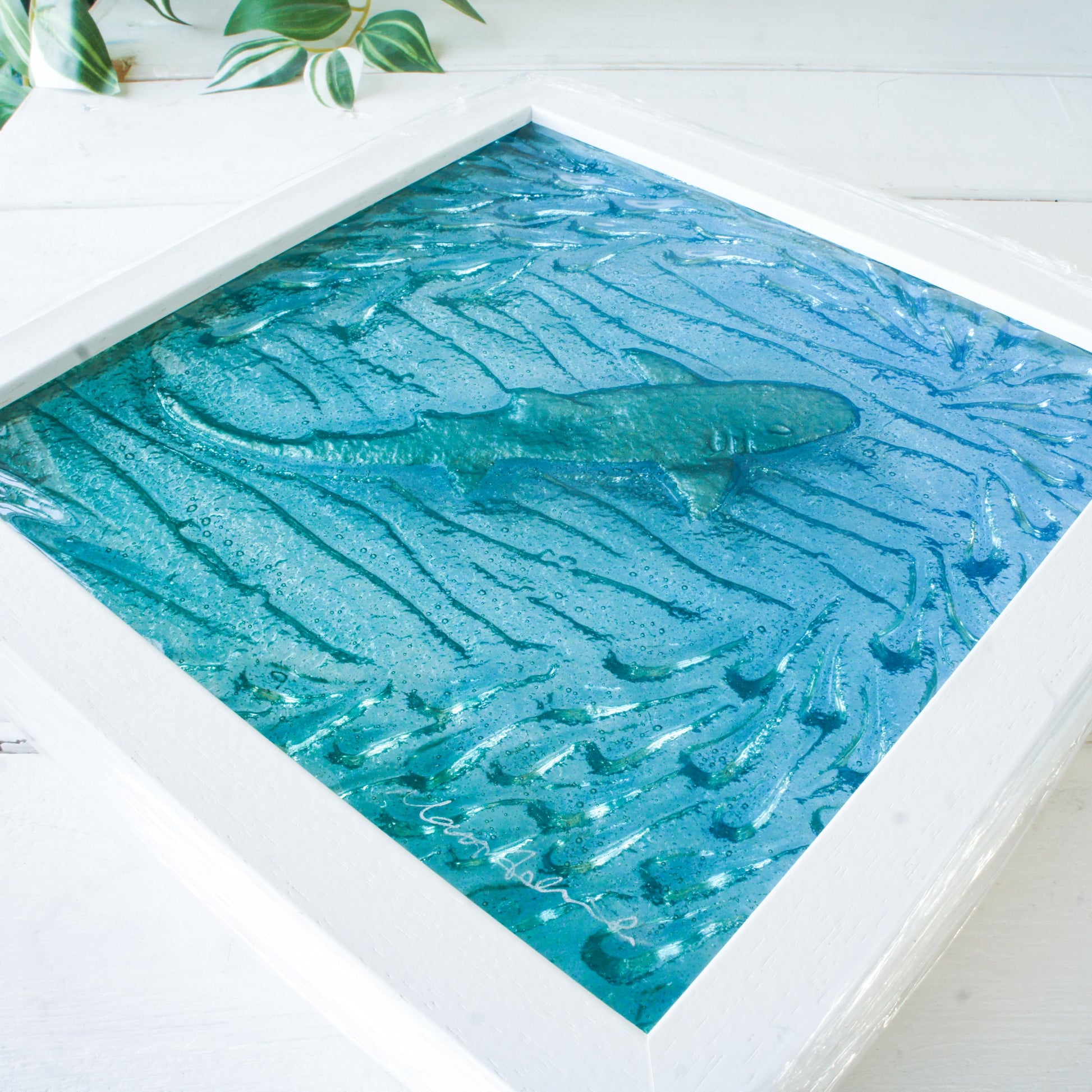 special handmade gift for coastal home, shark swimming in sea with shoal of fish