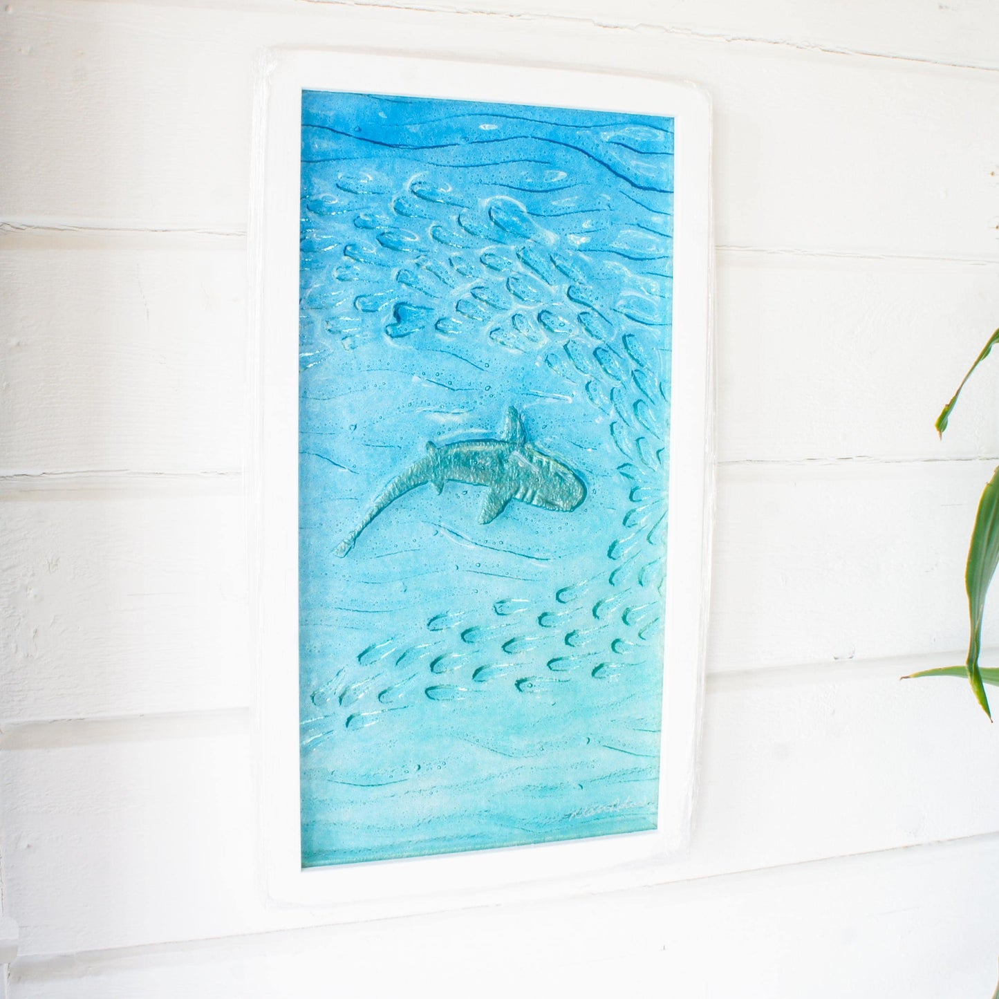 shark glass vertical frame in turquoise sea with shoal of fish, 3D coastal wall art 25x45cm (10x17")