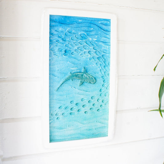 shark glass vertical frame in turquoise sea with shoal of fish, 3D coastal wall art 25x45cm (10x17")