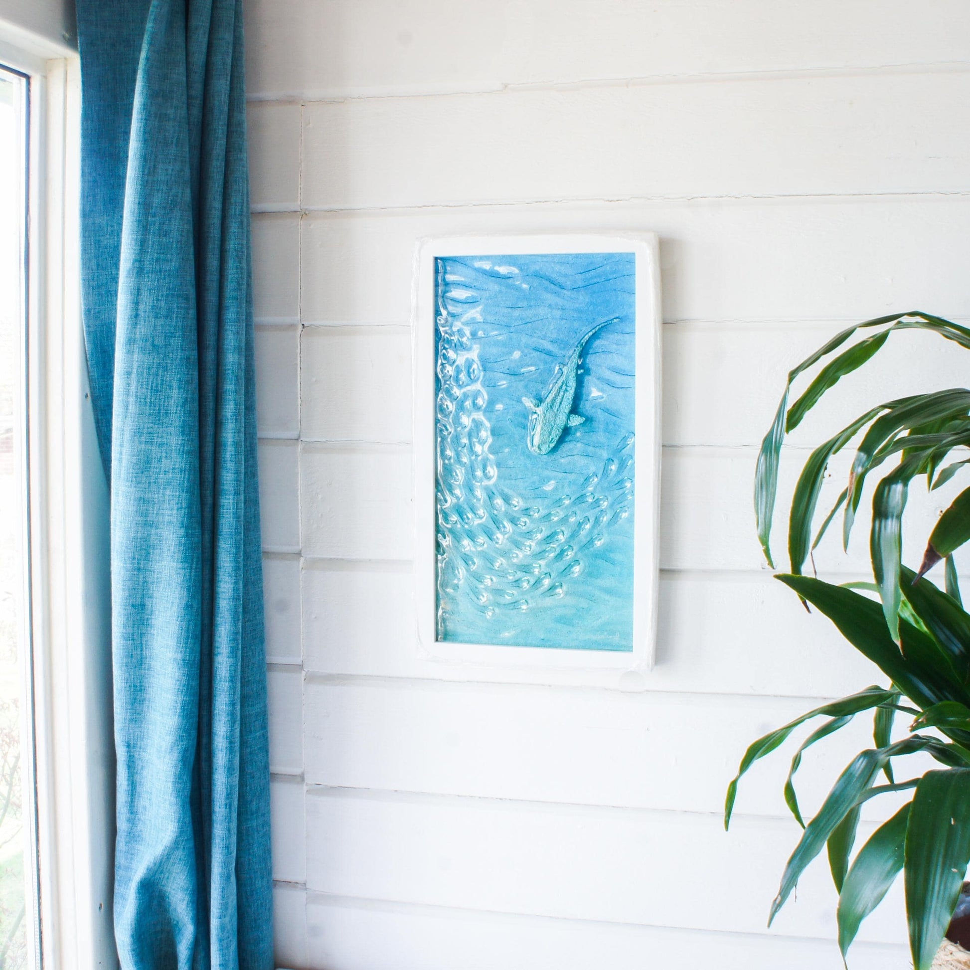 shark glass vertical frame in turquoise sea with shoal of fish, 3D coastal wall art 25x45cm (10x17")