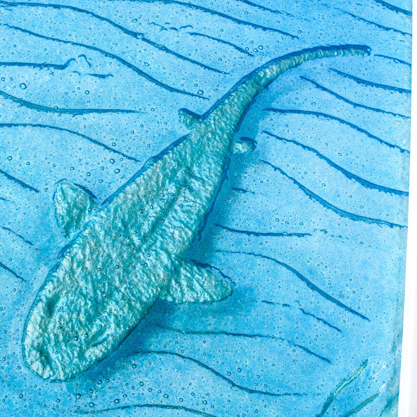 shark glass vertical frame in turquoise sea with shoal of fish, 3D coastal wall art 25x45cm (10x17")