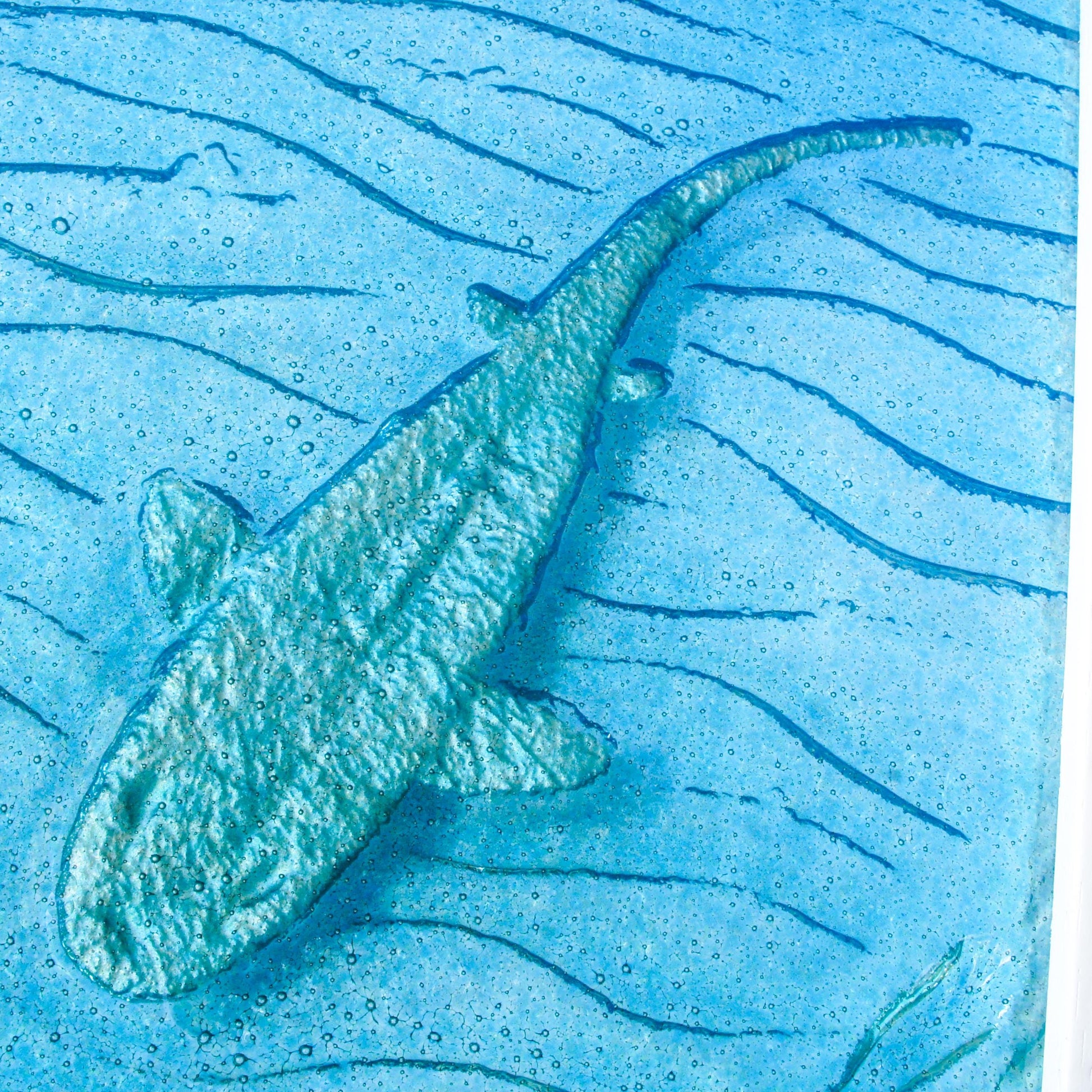 shark glass vertical frame in turquoise sea with shoal of fish, 3D coastal wall art 25x45cm (10x17")
