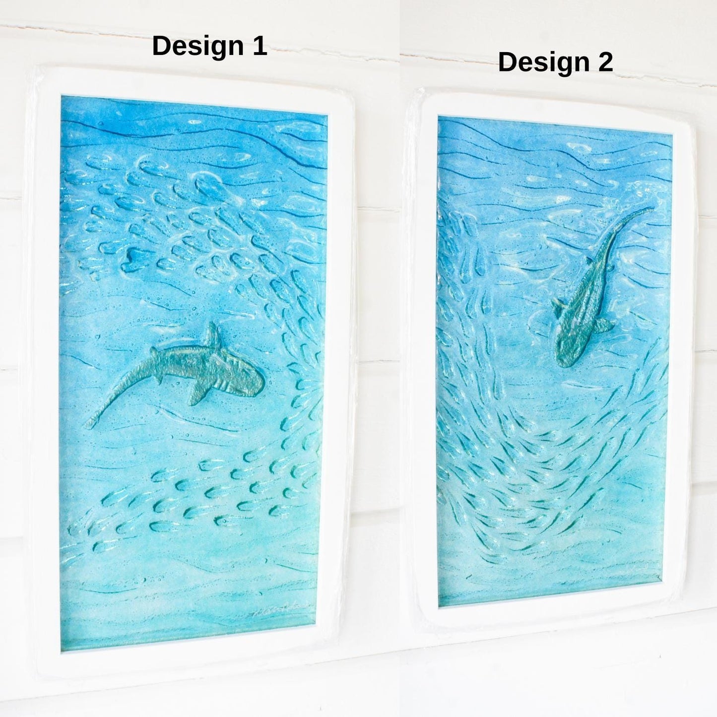 2 designs to choose from for silver shark vertical frame in fused glass with blue and turquoise sea and shoal of fish 3D 30x60cm white frame with cord on the back