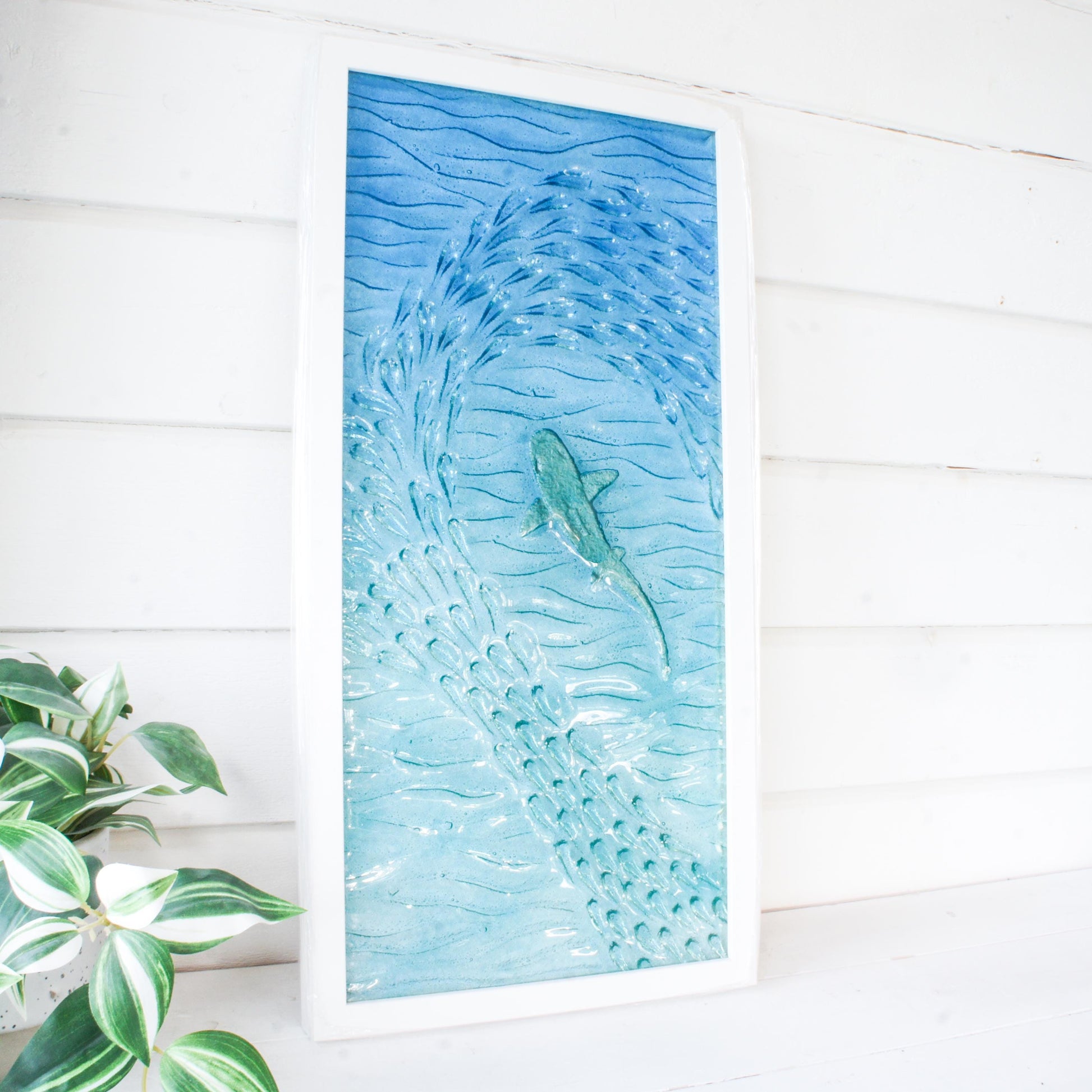 portrait silver shark frame fused glass shoal of fish in blue turquoise sea