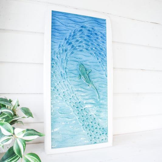 portrait silver shark frame fused glass shoal of fish in blue turquoise sea