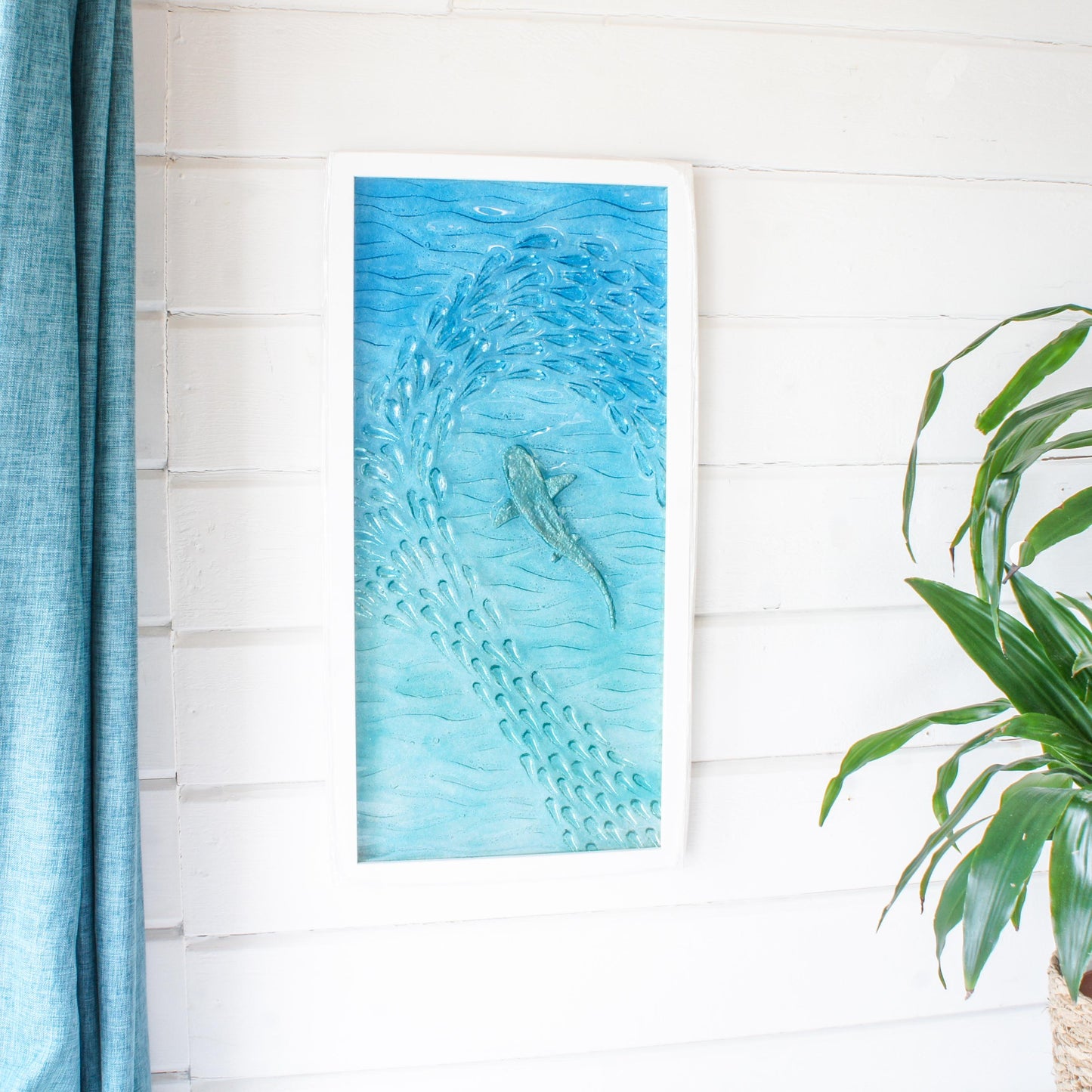 portrait silver shark frame fused glass shoal of fish in blue turquoise sea