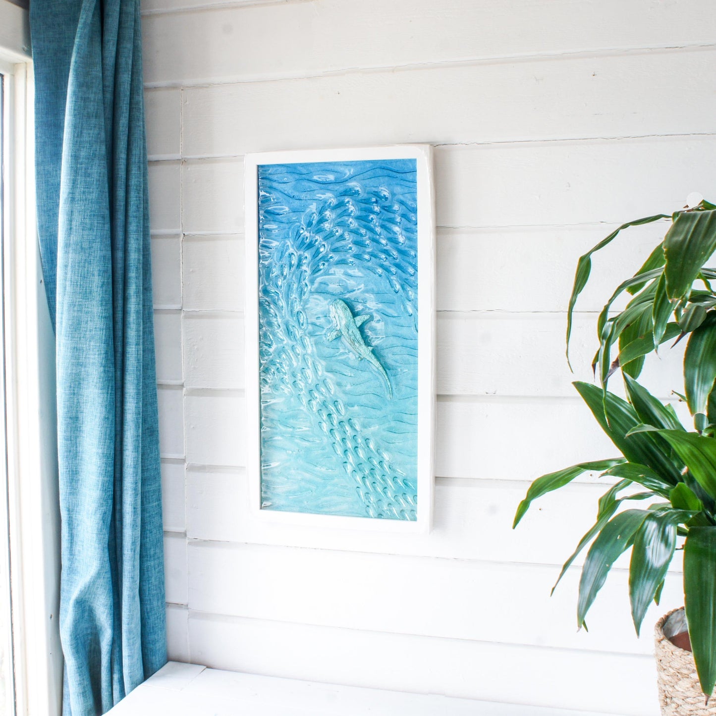 portrait silver shark frame fused glass shoal of fish in blue turquoise sea