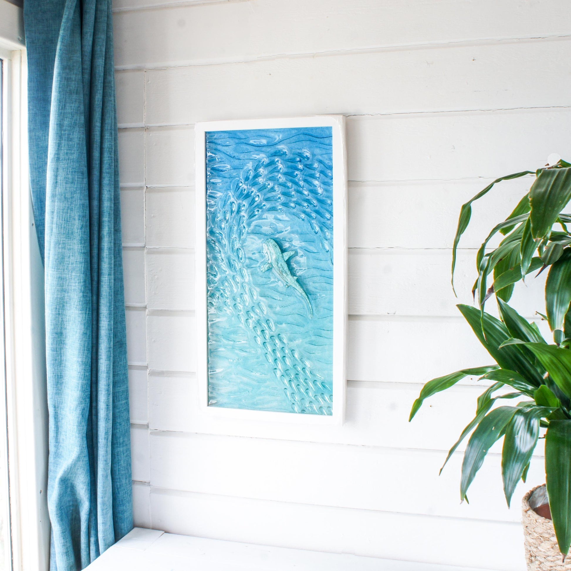 portrait silver shark frame fused glass shoal of fish in blue turquoise sea