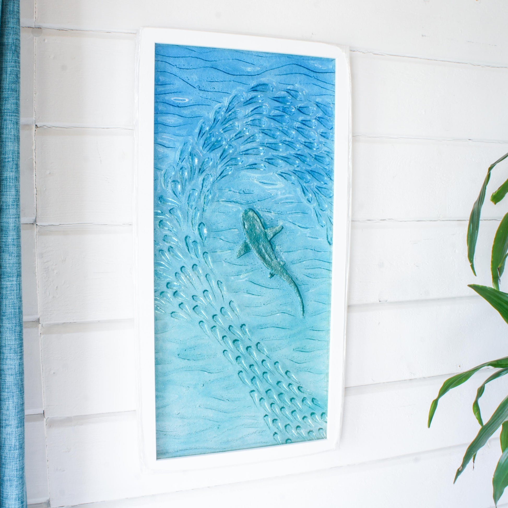 shark fused glass
shark portrait frame
teal ocean glass
shoal of fish art
large wall art
textured wall art
coastal home
shark decor blue
fused glass wall art
marine biology decor
shimmering shark
underwater sea life
ocean lover new home