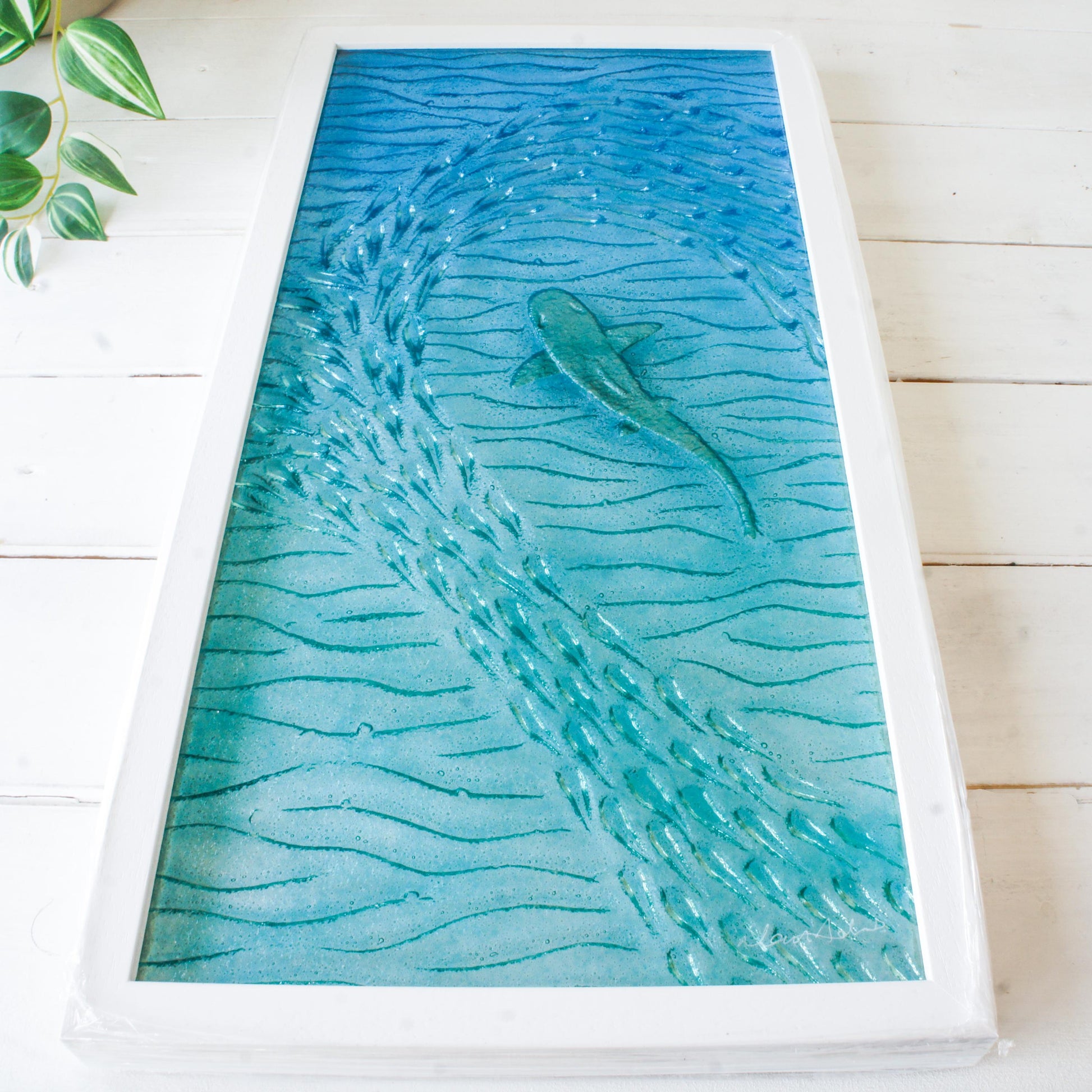 portrait silver shark white wooden frame fused glass large wall art shoal of fish in vibrant blue turquoise sea for coastal home