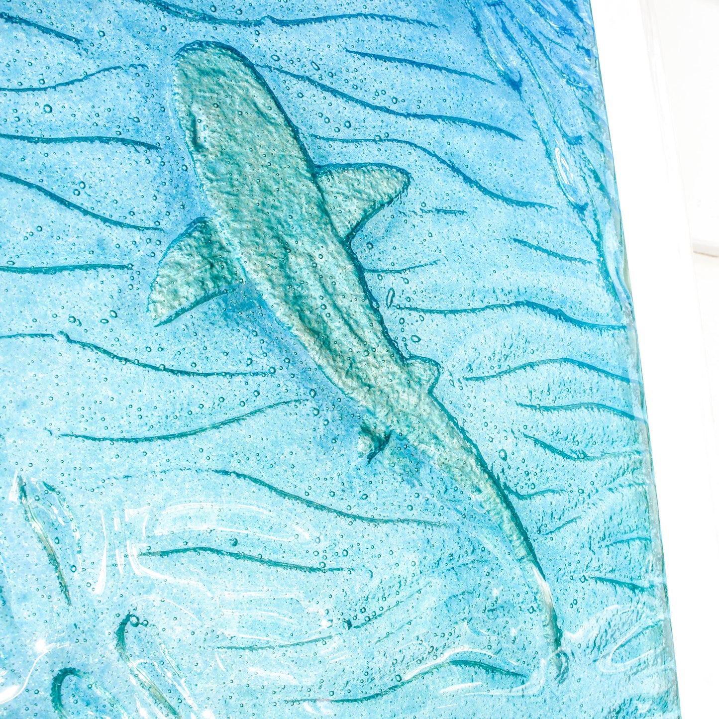 portrait silver shark white wooden frame fused glass large wall art shoal of fish in blue turquoise sea close up