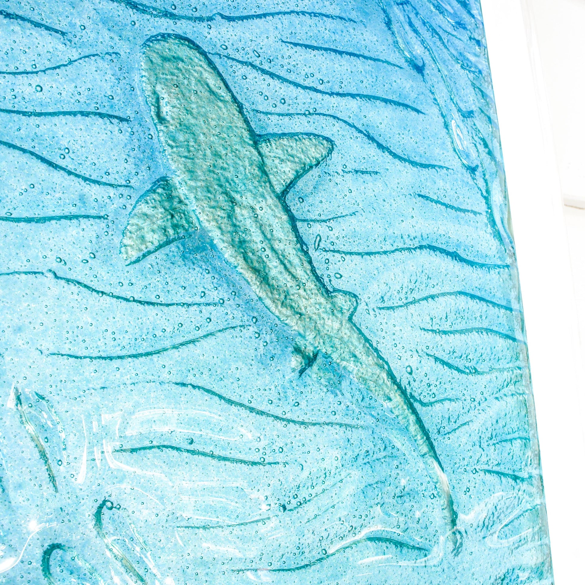 portrait silver shark white wooden frame fused glass large wall art shoal of fish in blue turquoise sea close up