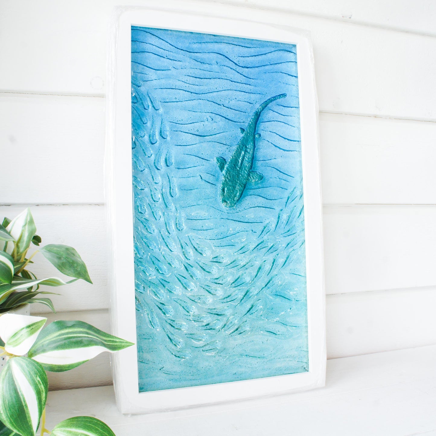silver shark portrait frame in fused glass with blue and teal sea and shoal of fish textured 30x60cm white frame with cord