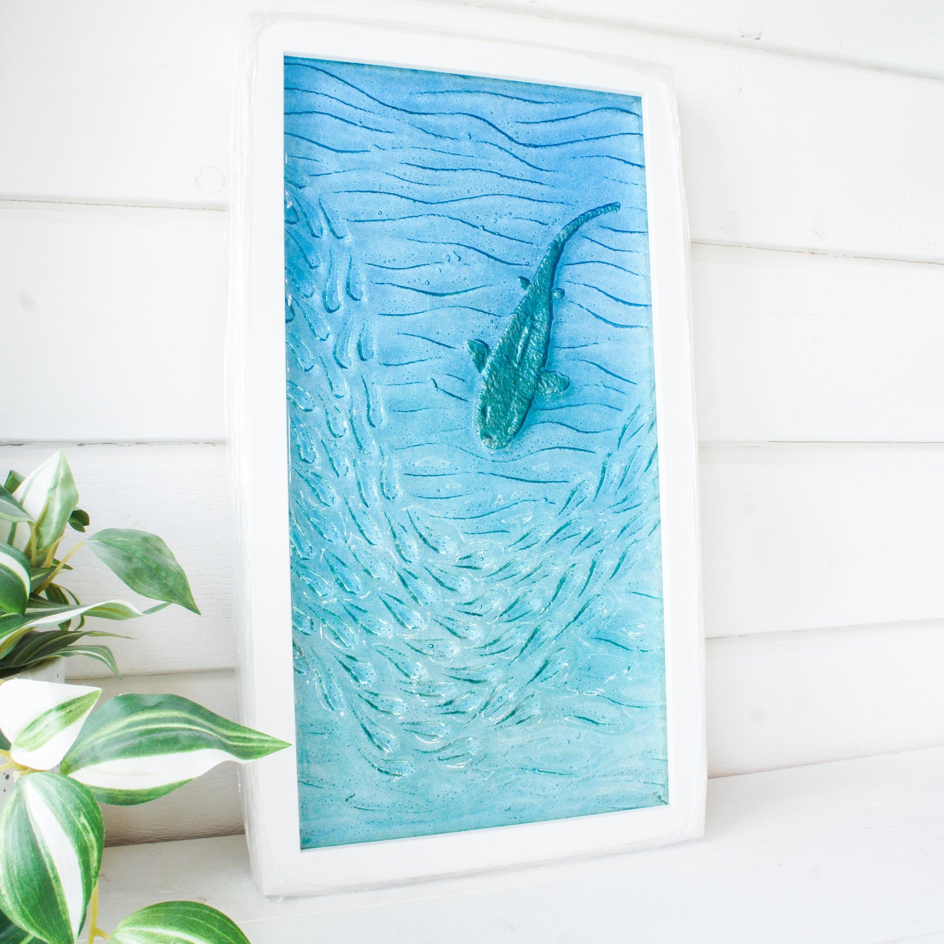 silver shark portrait frame in fused glass with blue and teal sea and shoal of fish textured 30x60cm white frame with cord