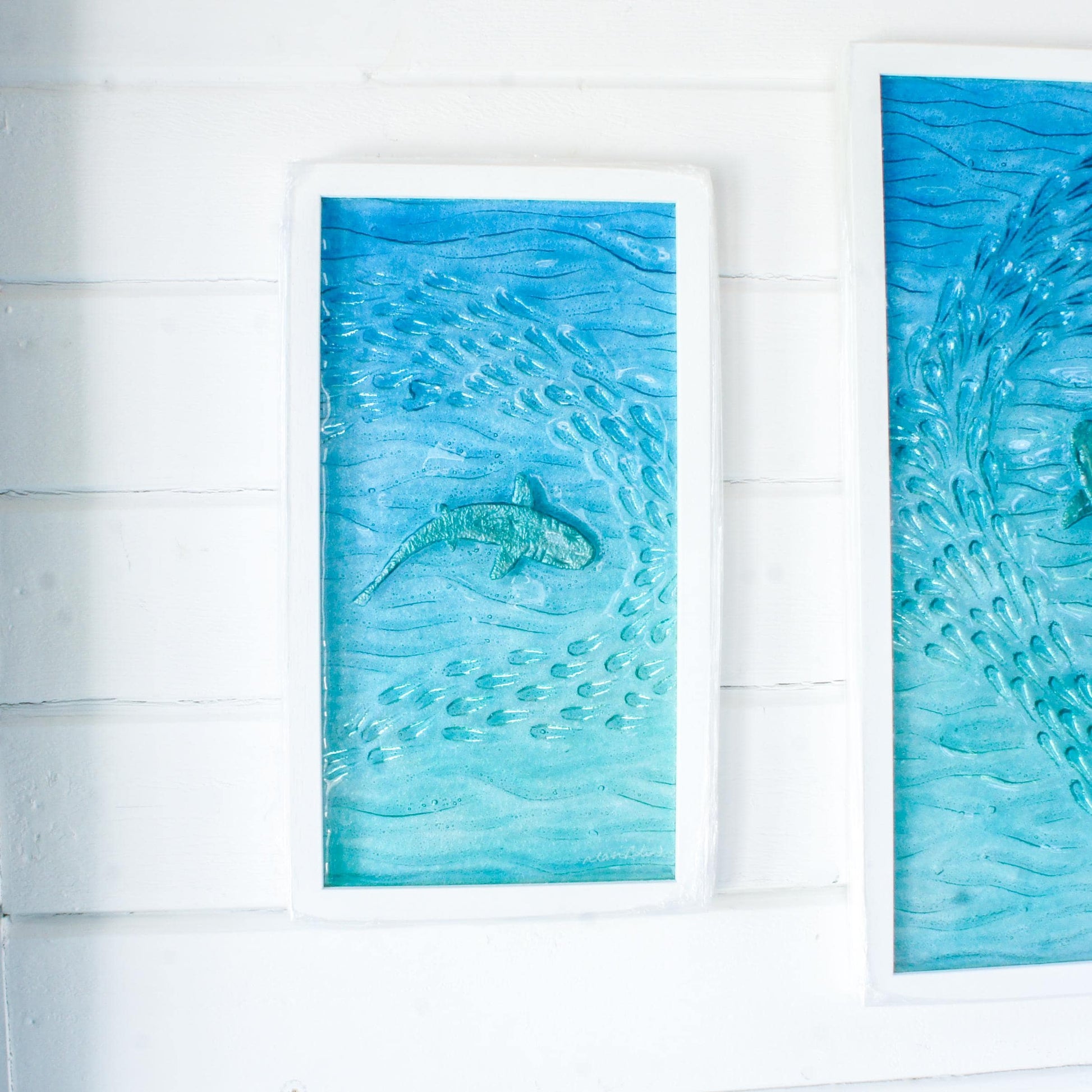 shark fused glass triptych gallery wall frames in teal ocean with shark in silver and shoal of fish - XL textured wall art for coastal home