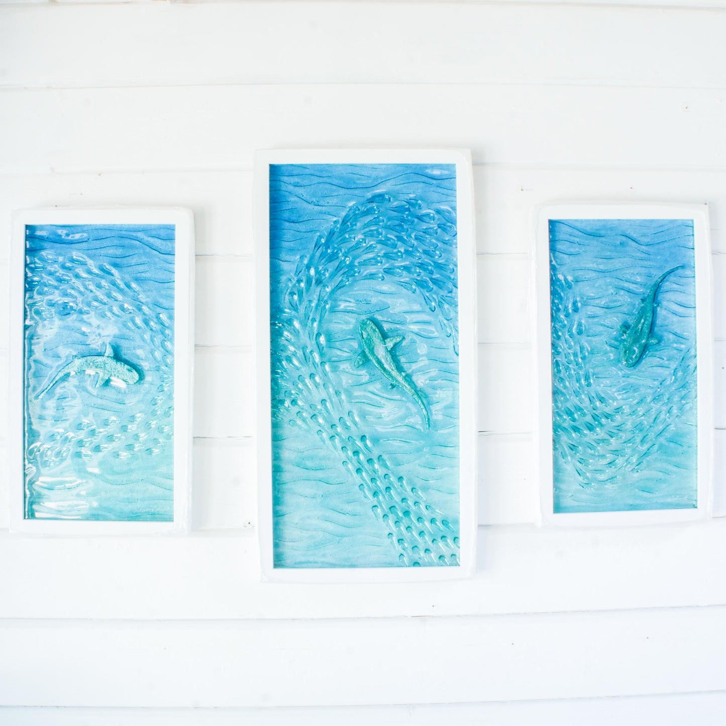 shark fused glass triptych gallery wall frames in teal ocean with shark in silver and shoal of fish - XL textured wall art for coastal home