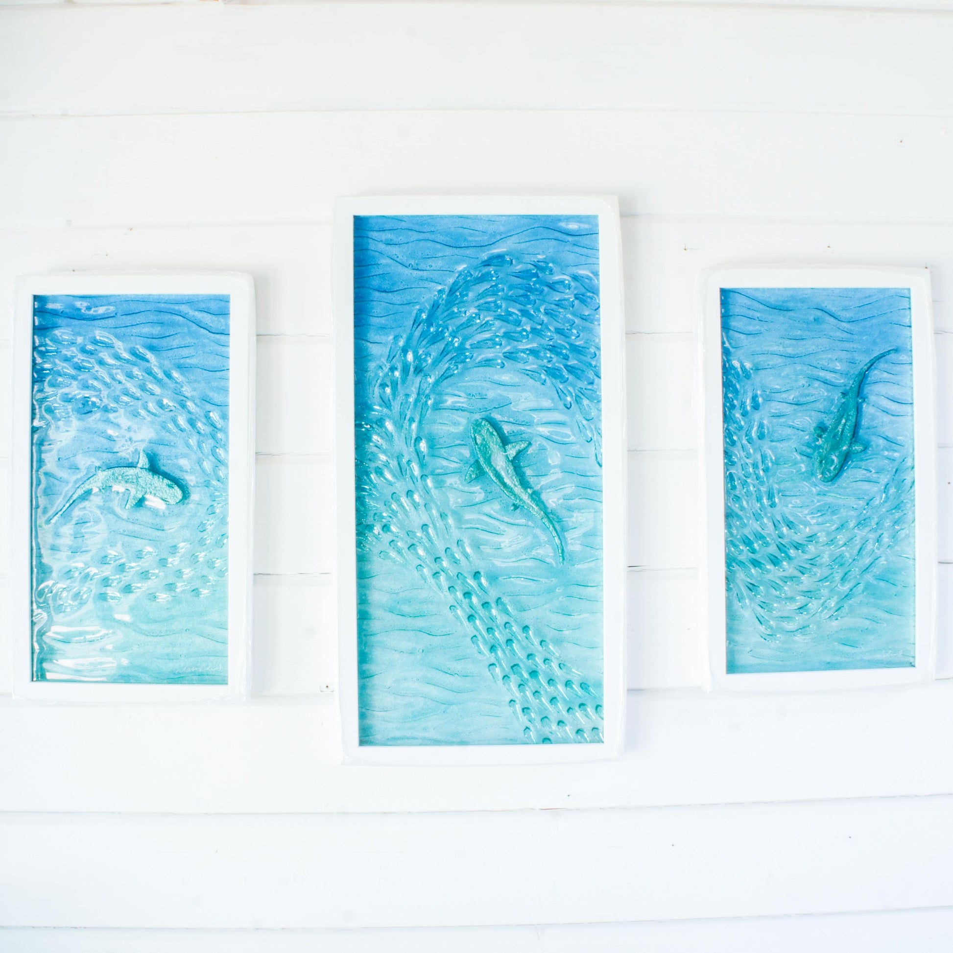 shark fused glass triptych gallery wall frames in teal ocean with shark in silver and shoal of fish - XL textured wall art for coastal home